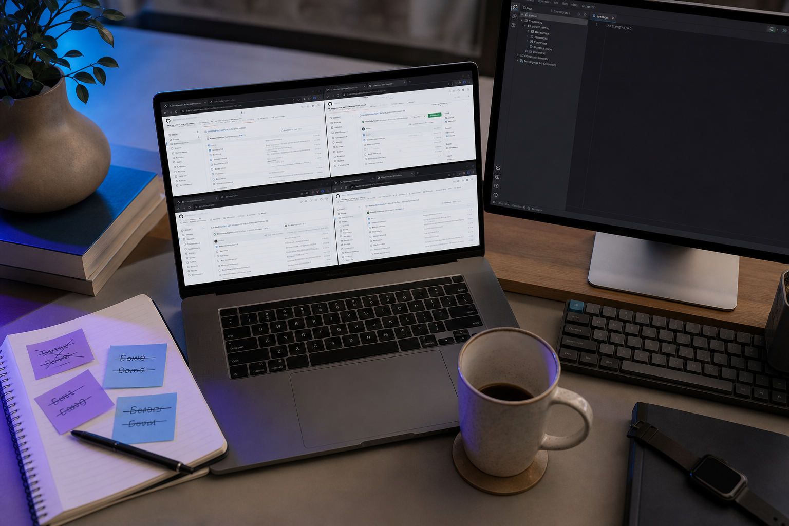 Overhead shot of a developer's desk: laptop open with at least four visible browser tabs showing GitHub repository pages, sticky notes with crossed-out repo names, half-empty coffee cup, second monitor showing an IDE with an empty settings.gradle.kts