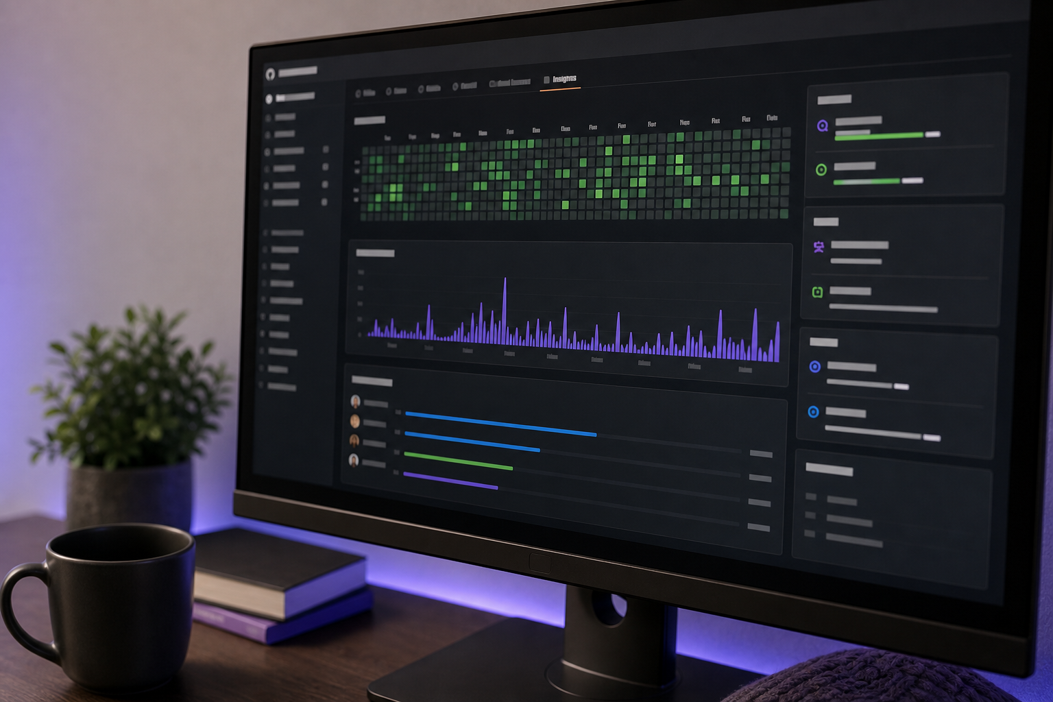 Tight crop of a GitHub repository "Insights" page on a monitor — visible: contributor graph, commit frequency chart, issue/PR sidebar. Slight angle to feel candid, not screenshot-y.