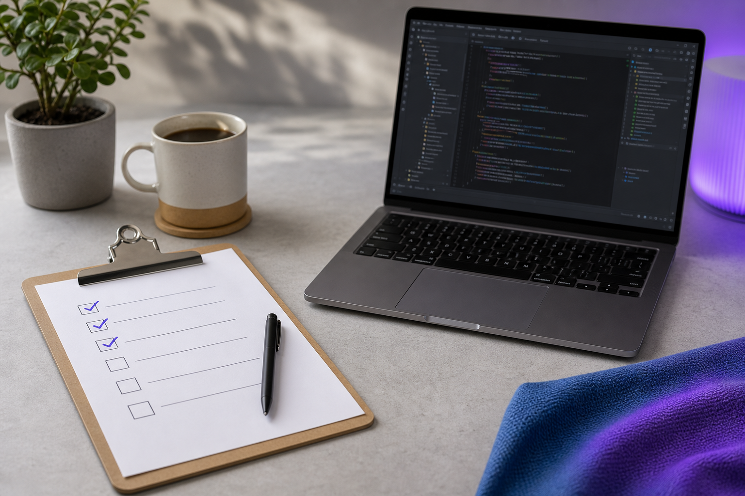 A printed checklist on a clipboard sitting next to a laptop displaying an IDE — first three checkboxes ticked in pen. Visually reinforces the "copy this and use it" idea.