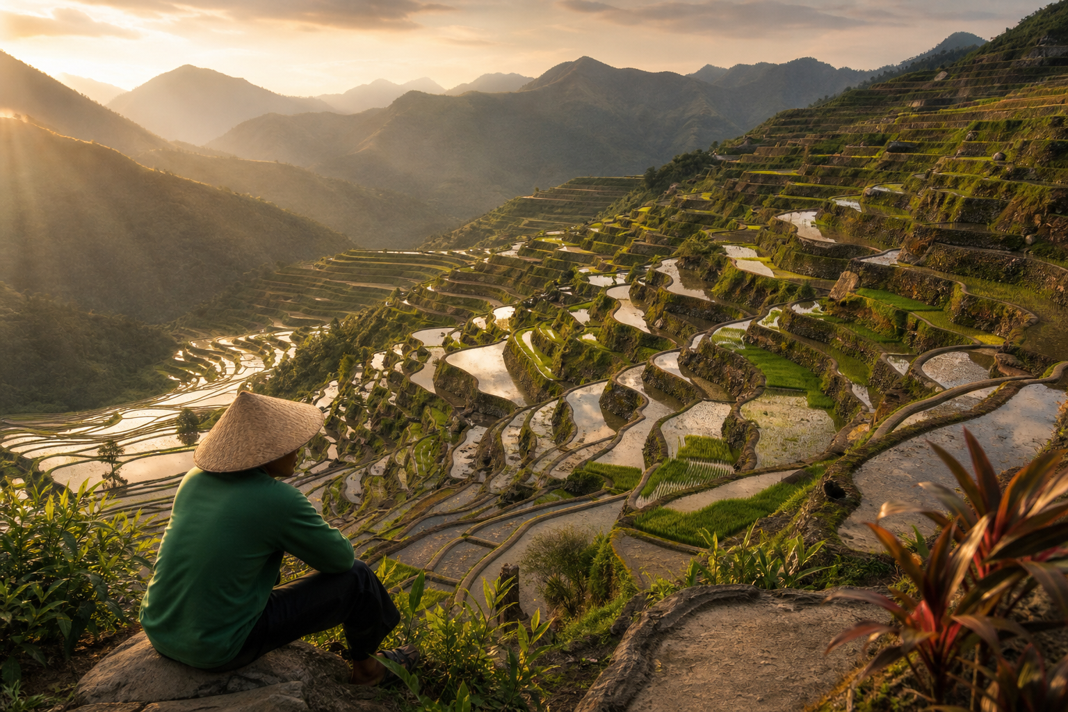 Wide-angle landscape of Banaue rice terraces in the Philippines at golden hour, water glinting in flooded steps, mountains in background
