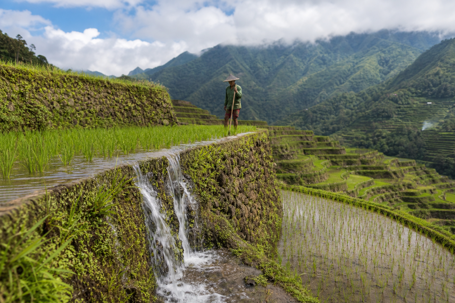 Mid-day shot of Banaue terraces with water visibly cascading between two steps, rice at tillering stage, with farmer at scale for reference