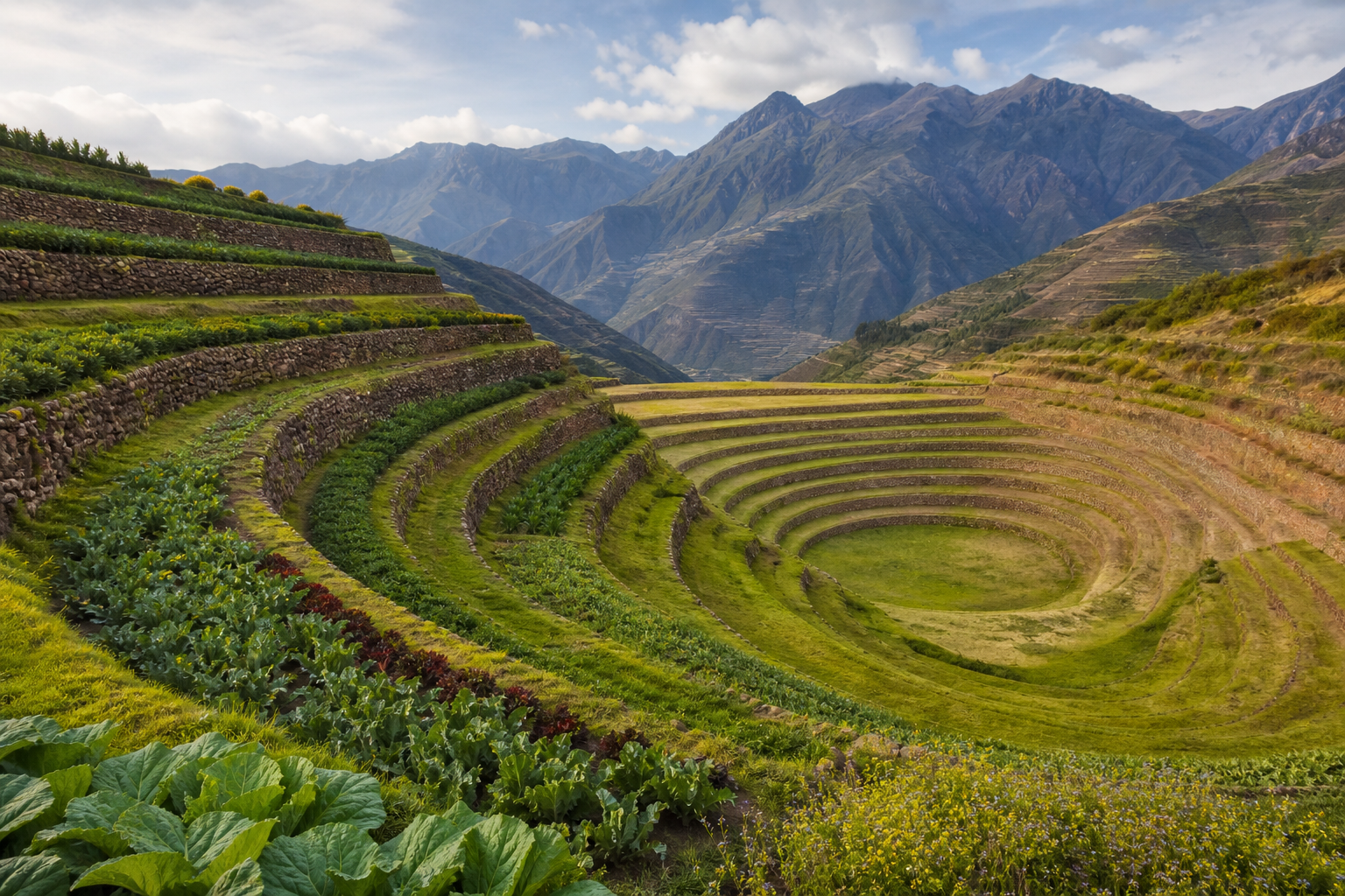 Andean terraces at Moray or Pisac (Peru), showing wide stepped geometry against high-altitude landscape, with visible crop diversity across beds