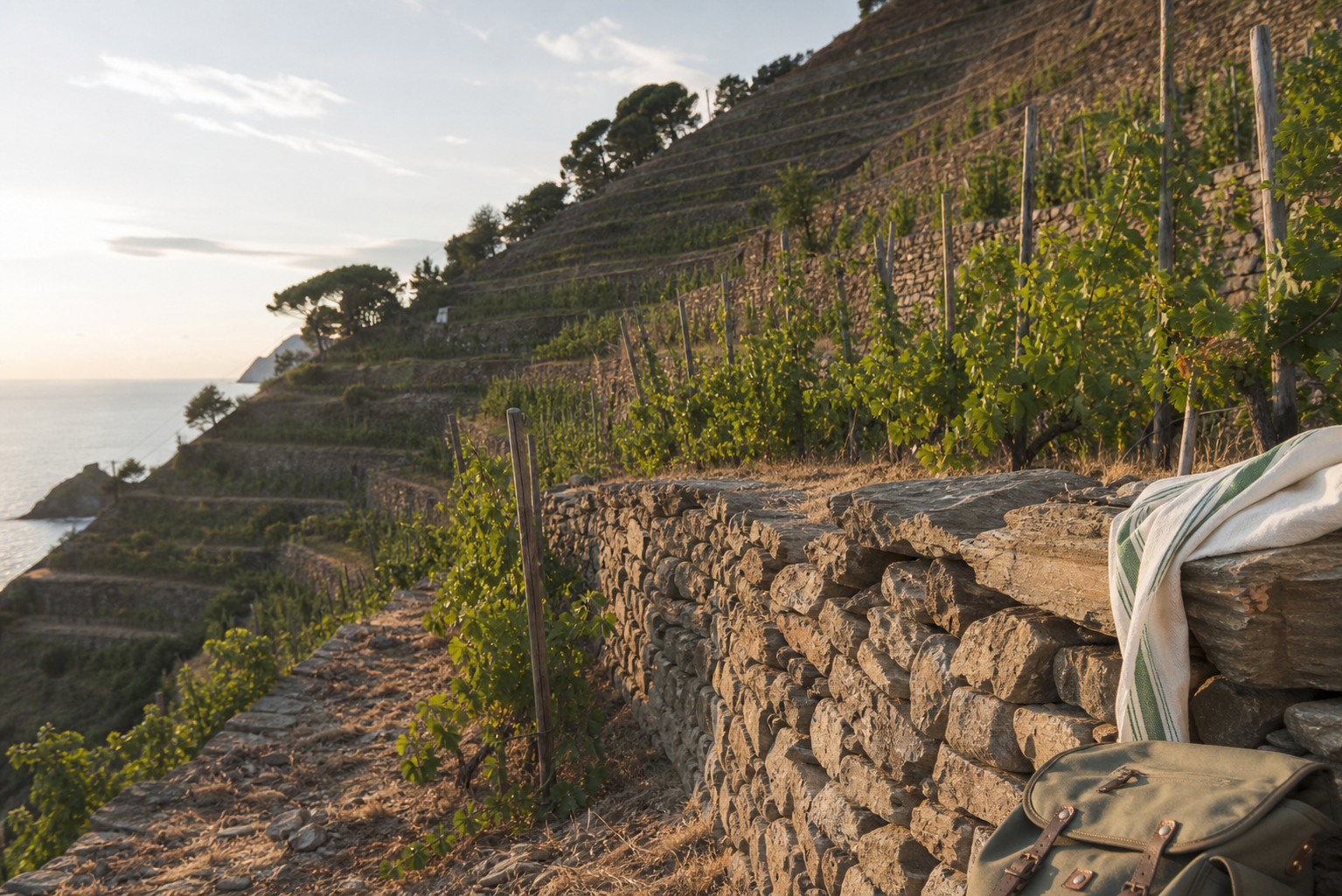 Cinque Terre coastline terraces with visible dry stone walls and grape vines, in late afternoon light to emphasize stone texture and dry conditions