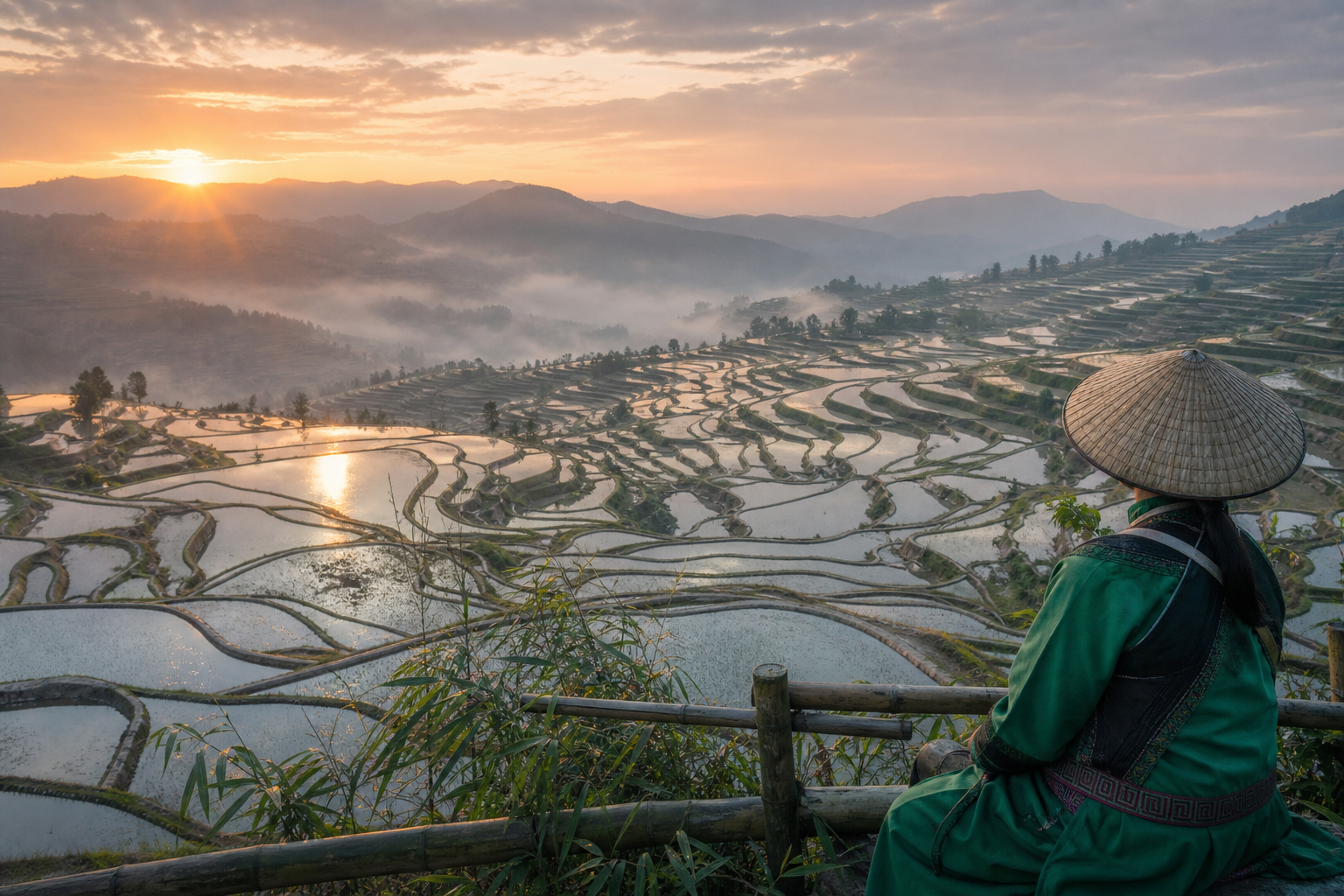 Yuanyang terraces at dawn, water-filled paddies reflecting sky, showing the geometric density and step precision of the Hani system