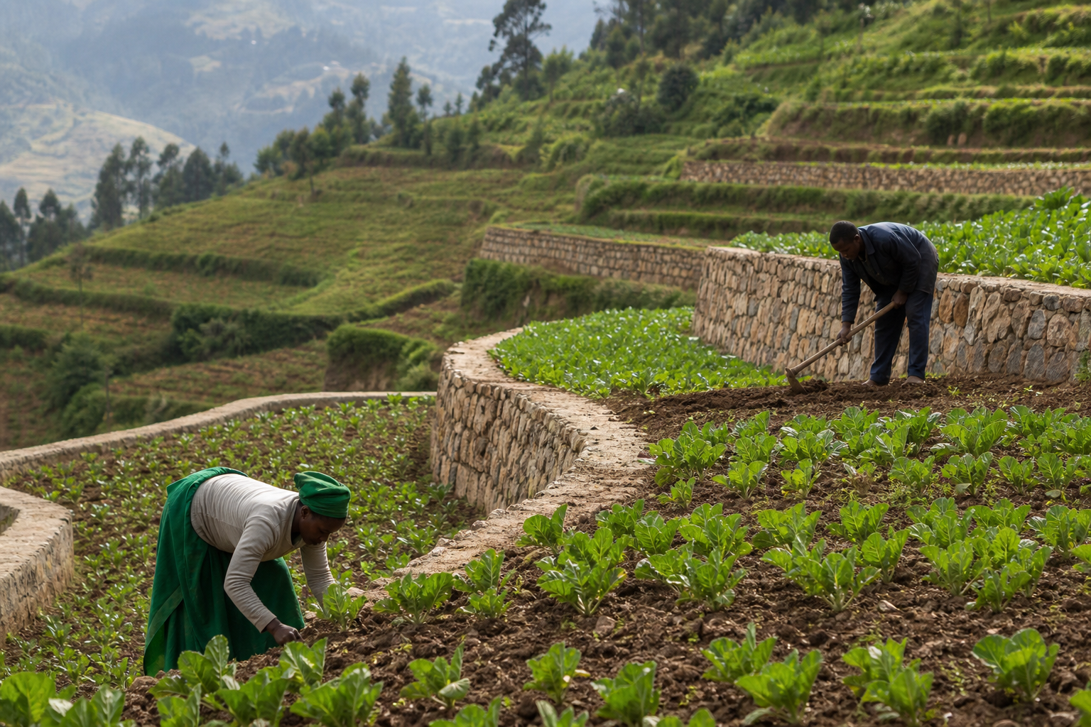 Rwandan or Ethiopian terraced hillside built within the last decade — newer terrace walls, visibly less weathered than ancient systems, with farmers actively working