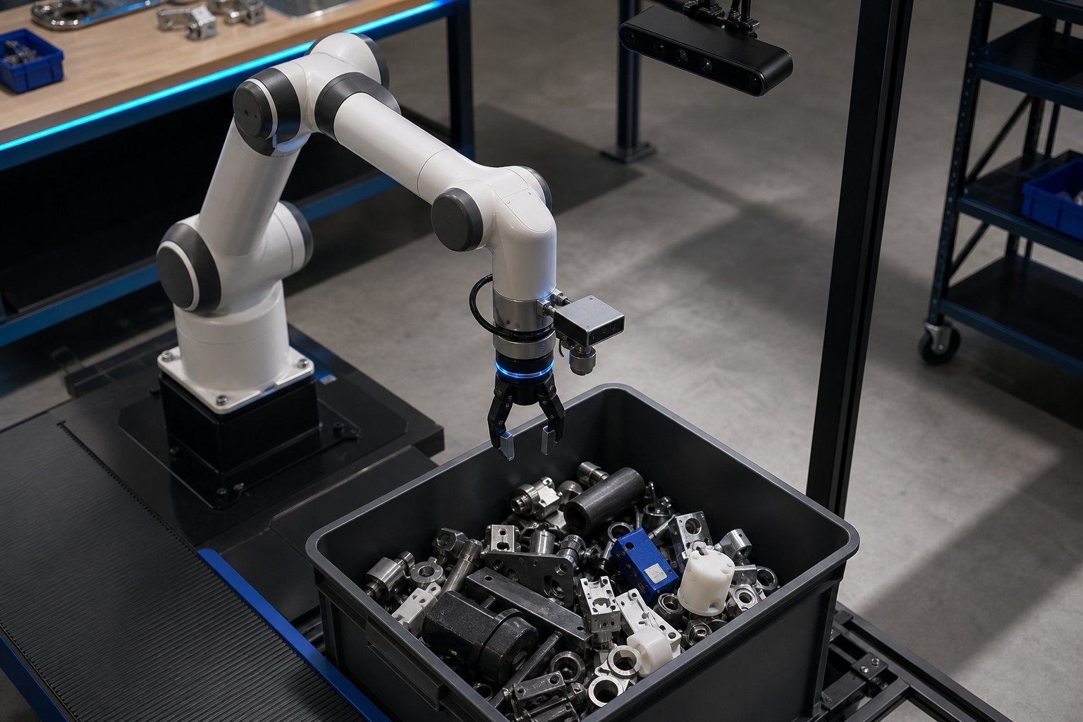 A six-axis industrial manipulator (Franka or UR-style arm) executing a bin-picking task, with a camera-mounted gripper hovering over a cluttered tote of mixed parts. Overhead RGB-D sensor visible. Warehouse-floor lighting with visible shadows to impl