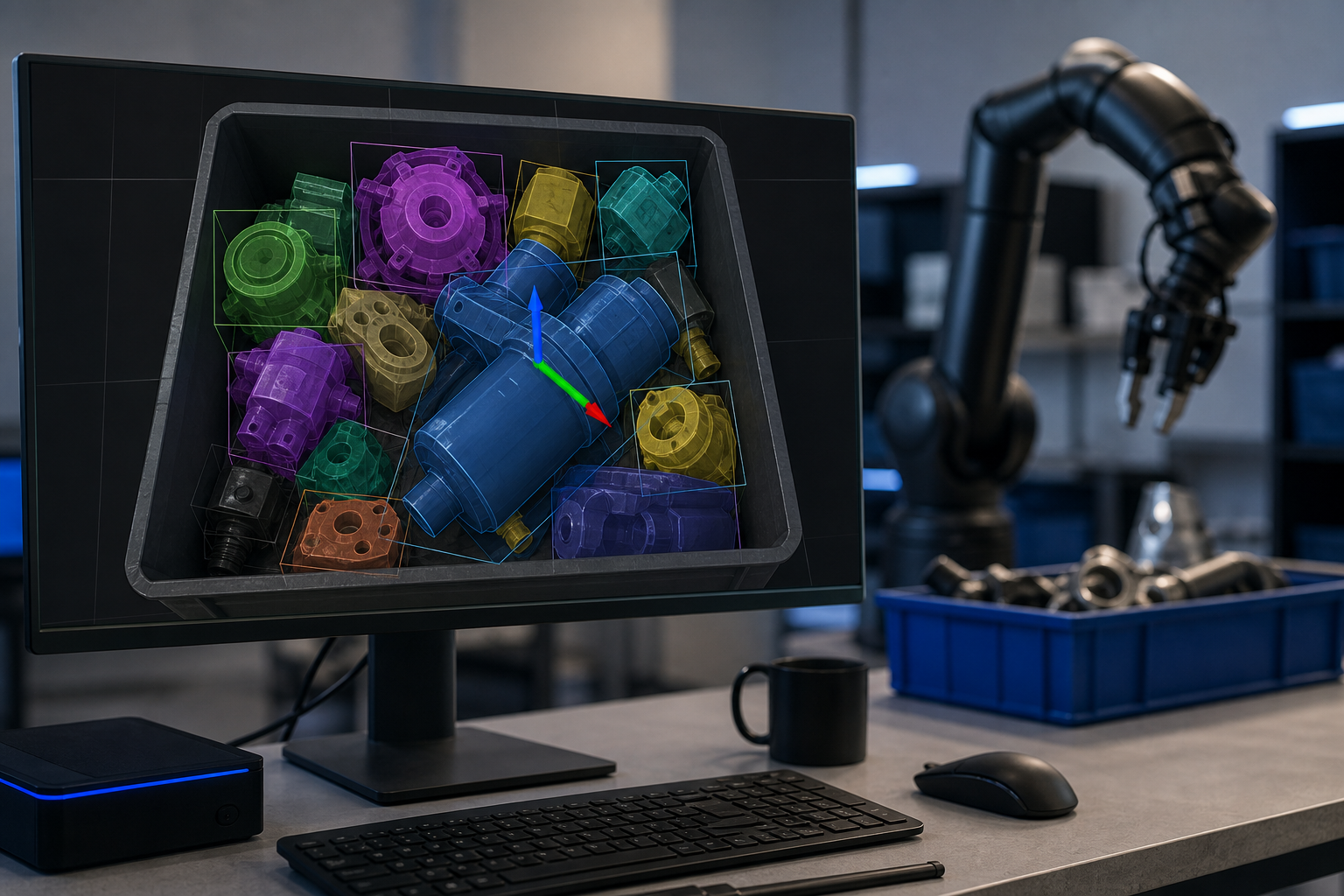 A monitor screen showing a live ROS2 rviz visualization — bounding boxes around mixed parts in a tote, with segmentation masks overlaid in semi-transparent color and a small 3D coordinate axis rendered on the largest visible part to suggest 6-DoF pos