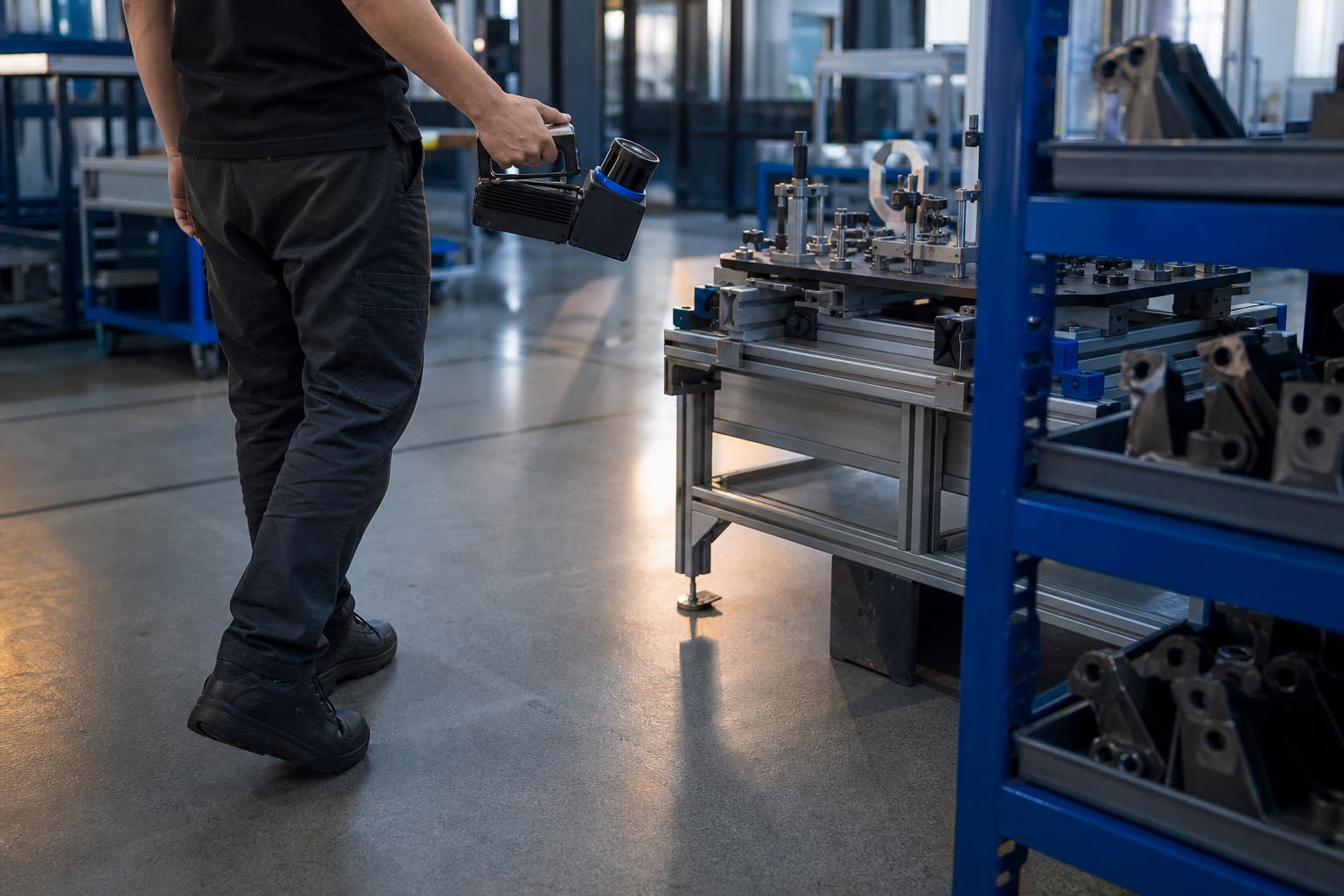A handheld LiDAR scanner or a small NVIDIA Jetson-based scanning unit being walked through a manufacturing workcell — operator visible from waist down, scanner pointed at a parts rack and assembly fixture. Real industrial lighting (mixed fluorescent