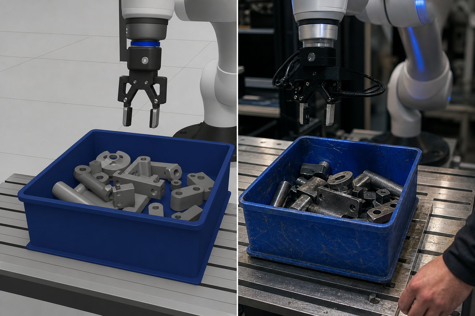 A split composition — left half shows a clean, evenly-lit simulator screenshot of a bin-picking scene (matte parts, no shadows); right half shows the same workcell in real photography with fluorescent glare, scratched parts, and a partial operator ha