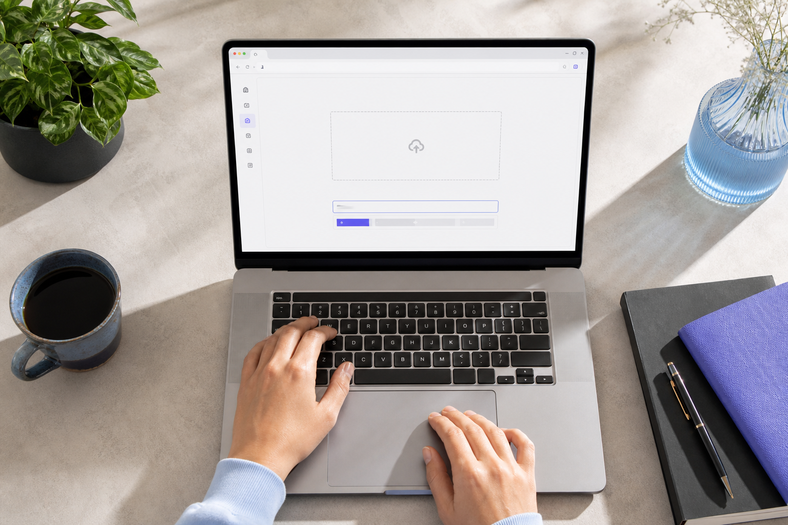 Overhead shot of a workspace with a single laptop, clean and uncluttered, browser open to a clean tool interface. Contrasts visually with the cluttered hero image earlier in the article — the visual rhyme reinforces the simpler-workflow thesis withou
