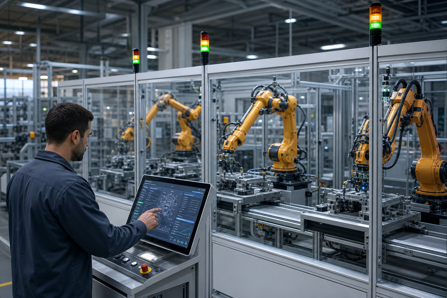 Wide-angle shot of a modern manufacturing floor — robotic arms on a discrete assembly line in mid-cycle, an operator at a touchscreen HMI panel in the foreground, overhead LED status lights visible above the line. Shot from a slightly elevated angle