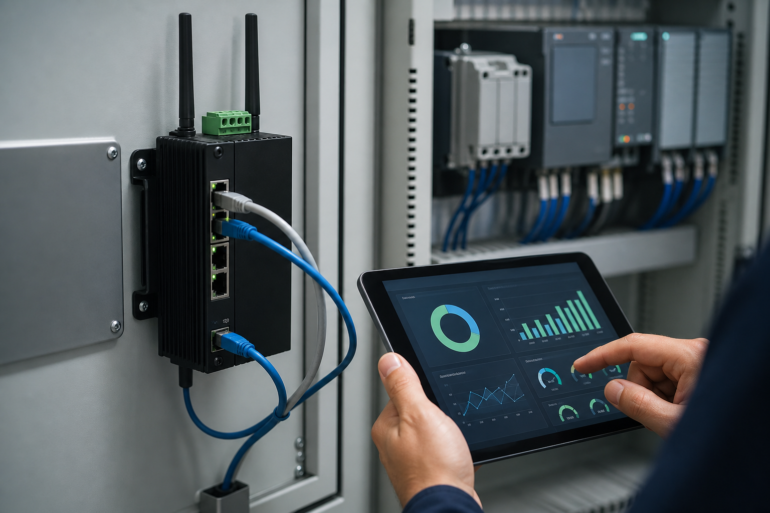 Close-up of an industrial edge gateway device mounted on a control panel, with ethernet cables running to a PLC enclosure on one side and a tablet displaying a real-time OEE dashboard in the foreground. Industrial lighting, slightly shallow depth of