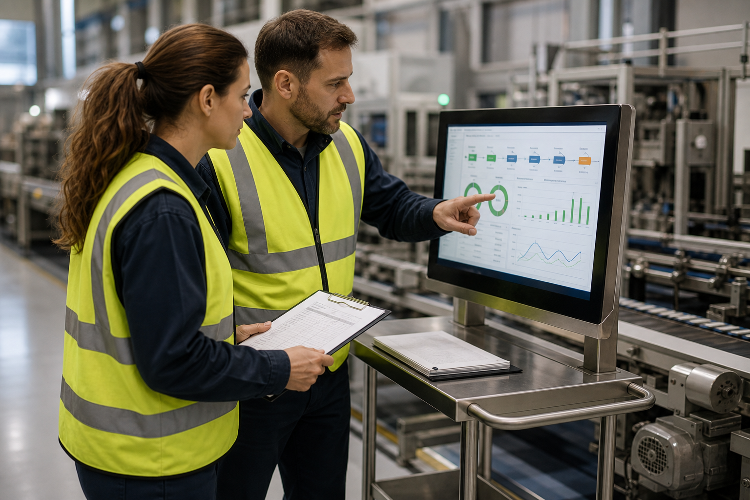 Two operators in safety vests at a shop-floor terminal — one is pointing at a production workflow screen showing OEE metrics, the other holds a clipboard. The terminal is on a stainless steel cart next to a production line. Documents resemble baselin