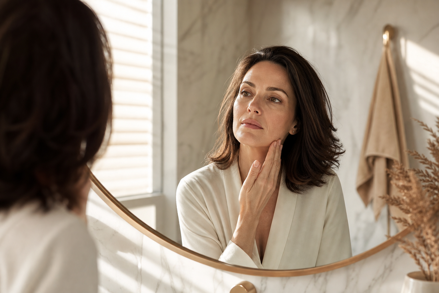 A woman in her late 30s to mid-40s, natural lighting, looking at herself in a bathroom mirror with a thoughtful, slightly concerned expression — hand lightly touching jawline. Soft morning light, neutral makeup, no clinical or product context. Convey