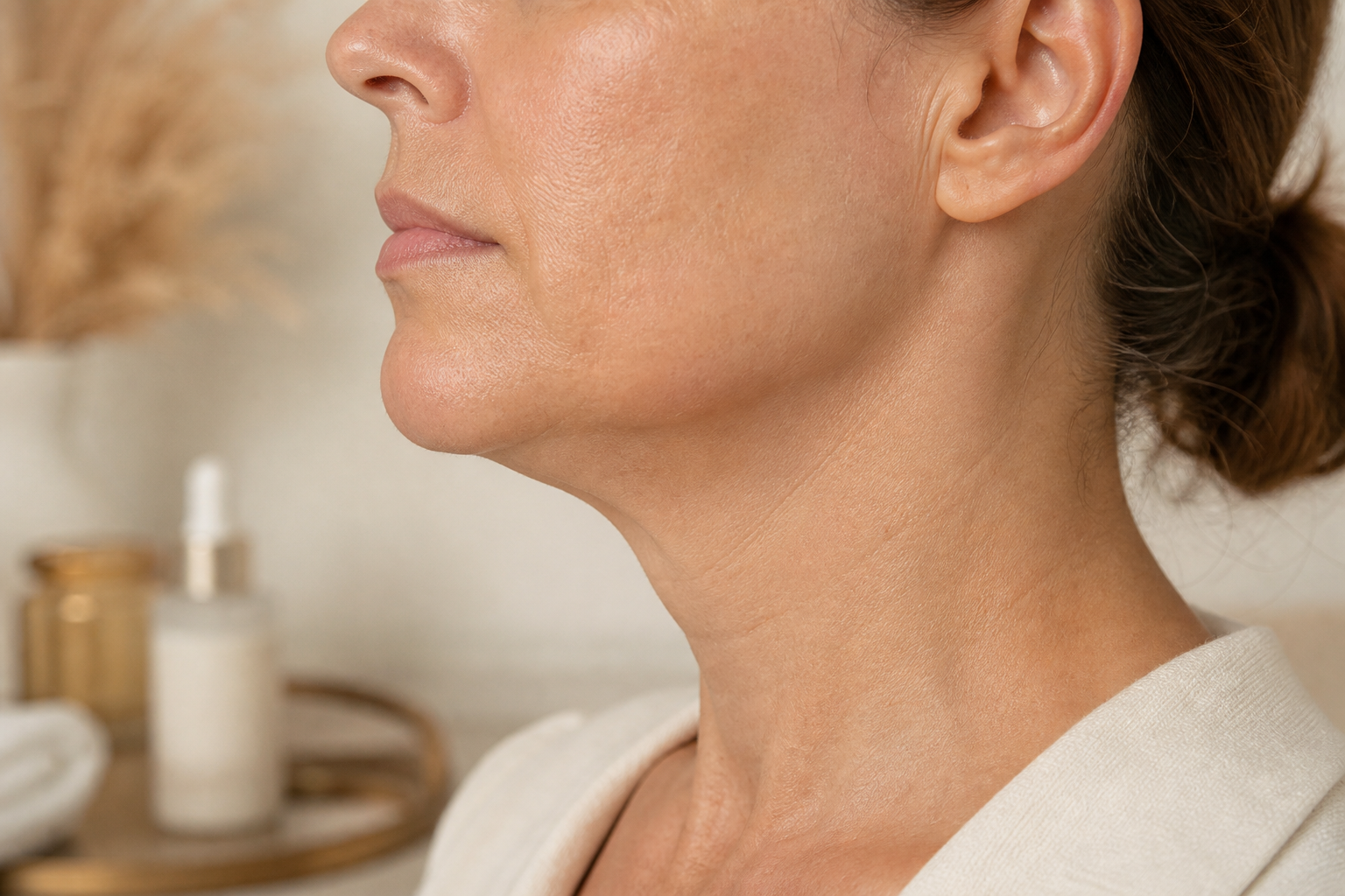 Close-up profile shot of a woman's lower face — jawline and upper neck area — with soft, even studio lighting. The image should look like a clinical "before treatment" reference photo (no obvious "after" retouching). Reference for