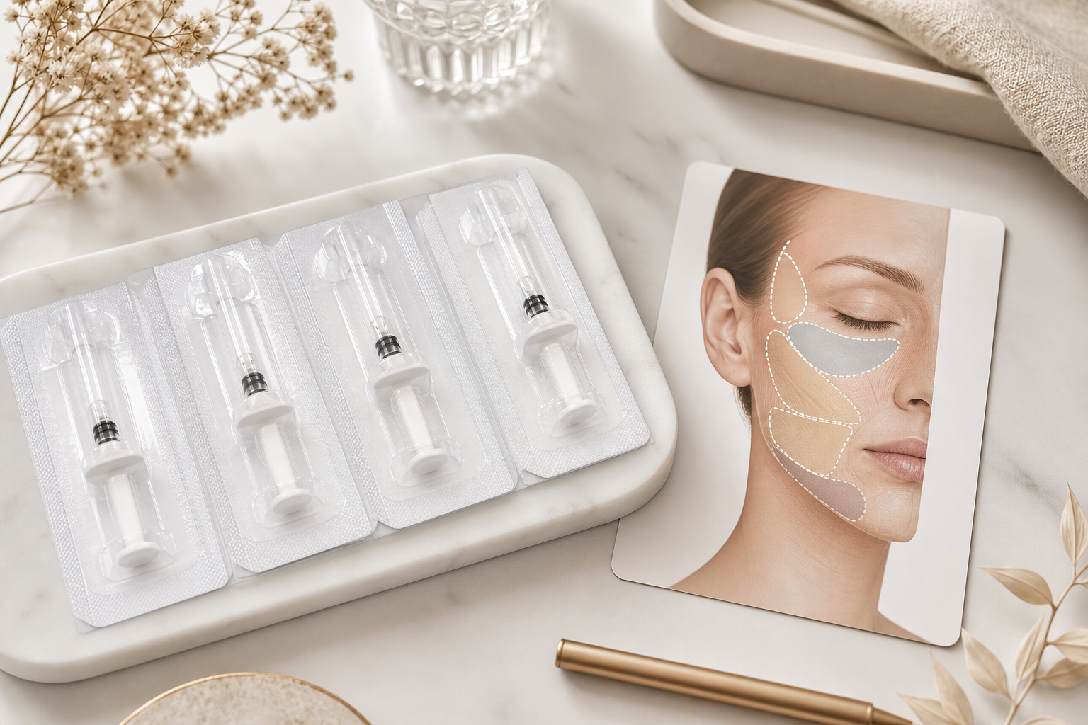 A flat-lay clinical-still image of unopened filler syringes arranged neatly on a white surface alongside a face anatomy reference card showing the mid-face volume zones (cheek apex, tear trough, nasolabial fold, jawline). No needles visible, no patie