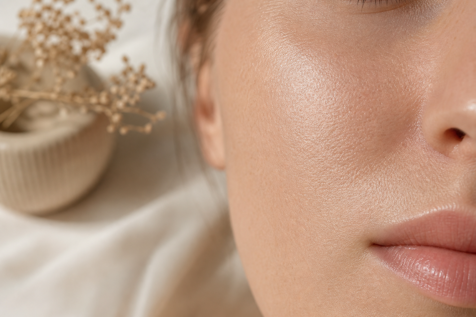 Macro close-up of clear, healthy skin texture — pore-level detail showing smooth surface, even tone, gentle highlight from natural light. No "before/after" framing.