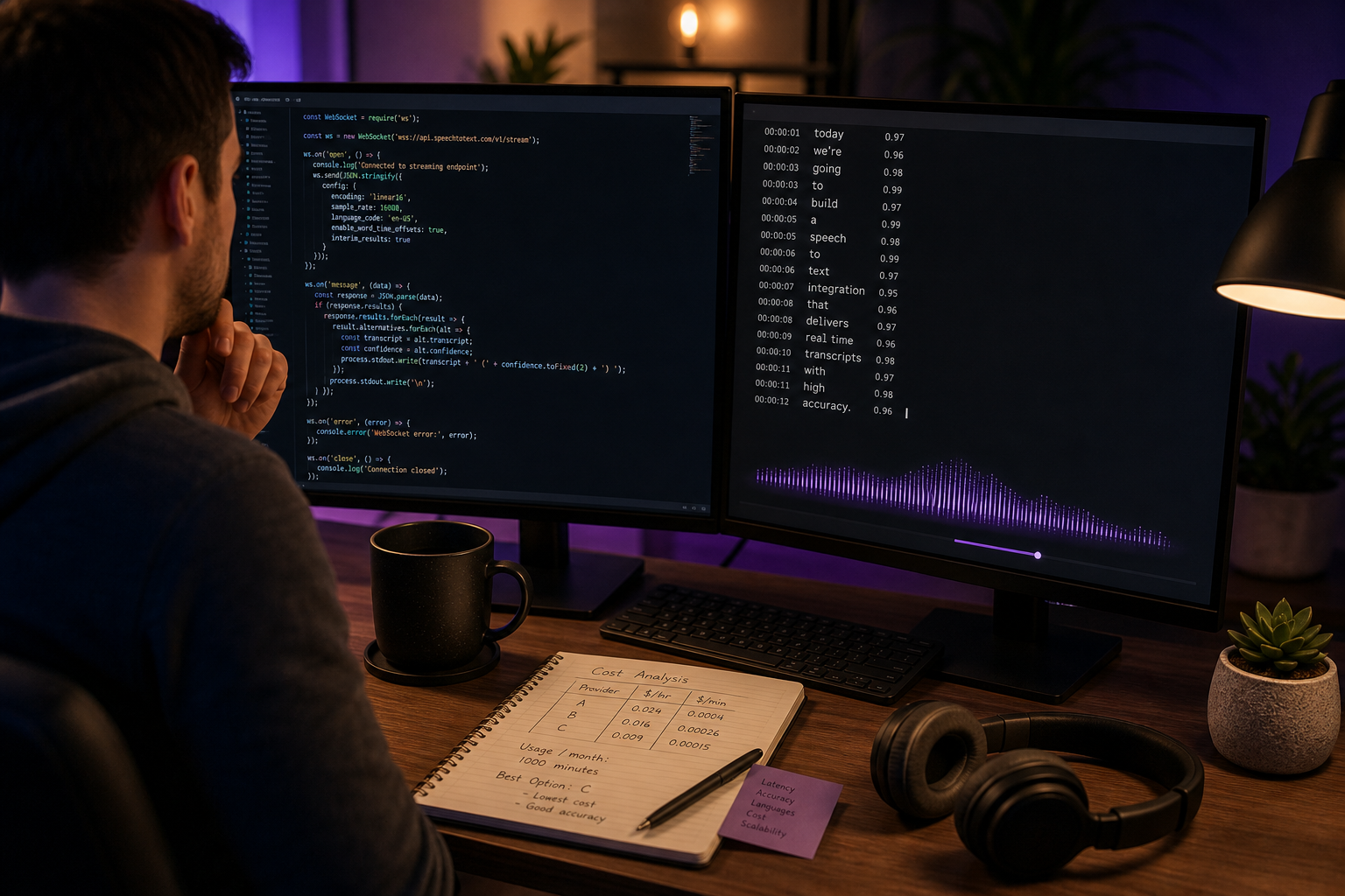 A developer's dual-monitor workspace at night — left monitor shows a code editor with a streaming WebSocket connection in JavaScript, right monitor shows real-time transcript text appearing word-by-word with confidence scores. A coffee mug, notebook 