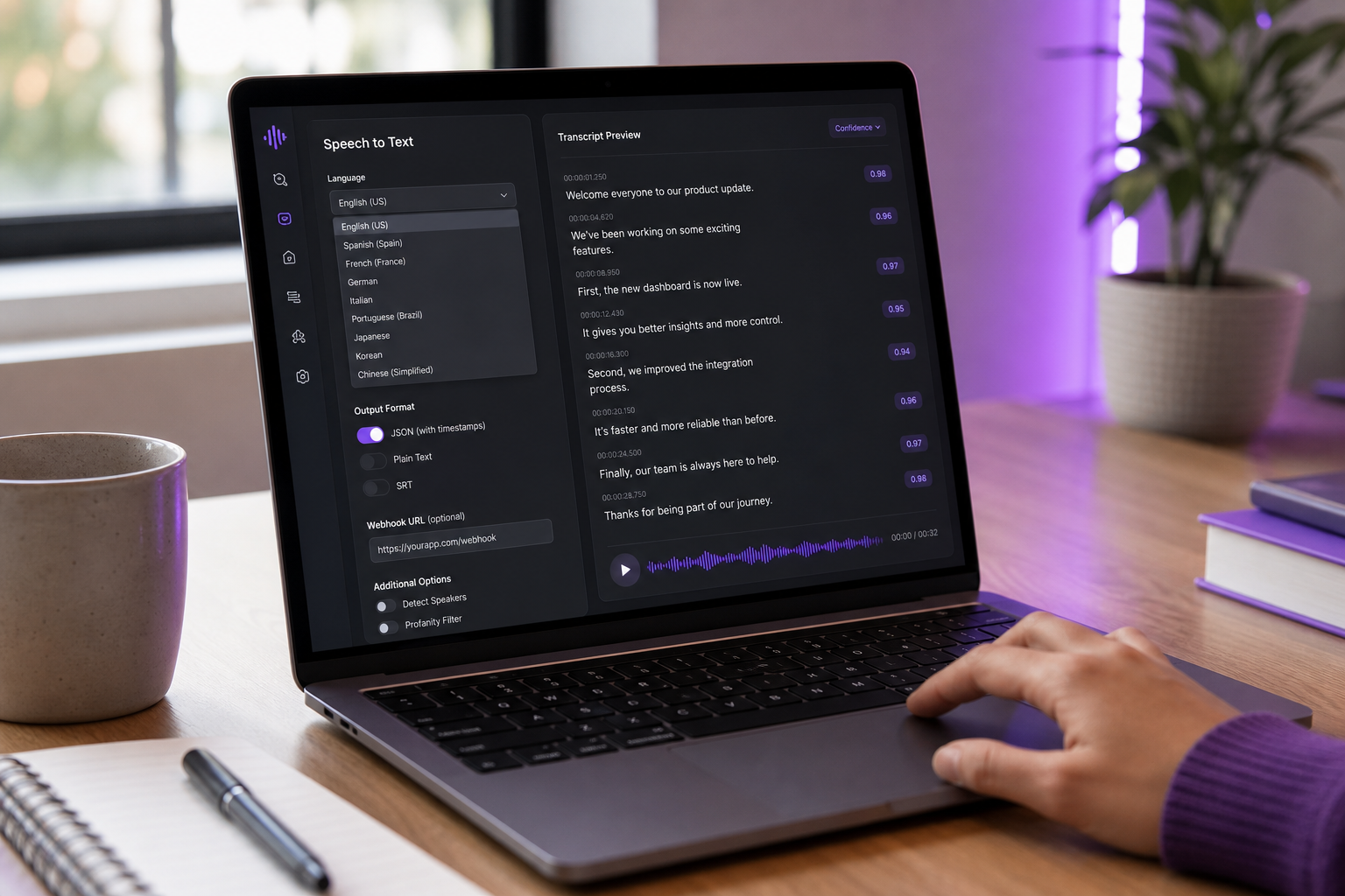 A laptop screen showing the DubSmart AI dashboard with the Speech to Text settings panel visible — language selector dropdown open, output format toggles (JSON with timestamps, plain text, SRT), webhook URL field, and a sample transcript preview with