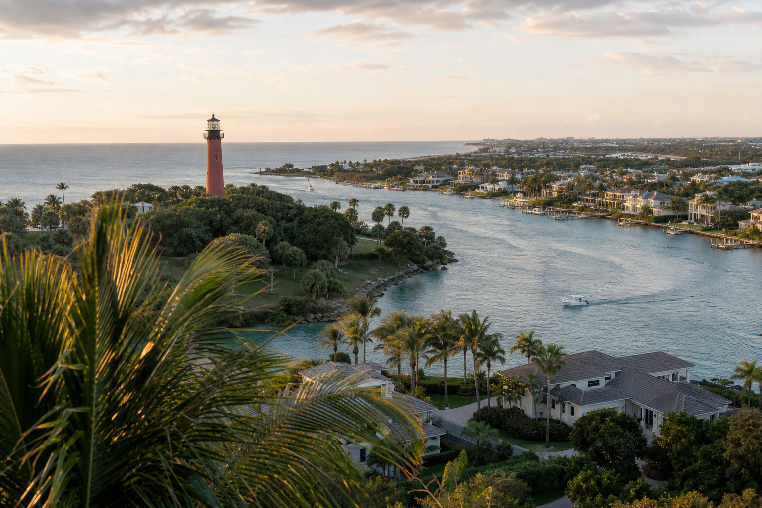 Aerial or elevated wide shot of Jupiter Inlet Lighthouse with surrounding waterfront homes and the inlet visible — golden-hour lighting, palm fronds in foreground, showing the mix of luxury waterfront and lower-density neighborhoods that defines Jupi