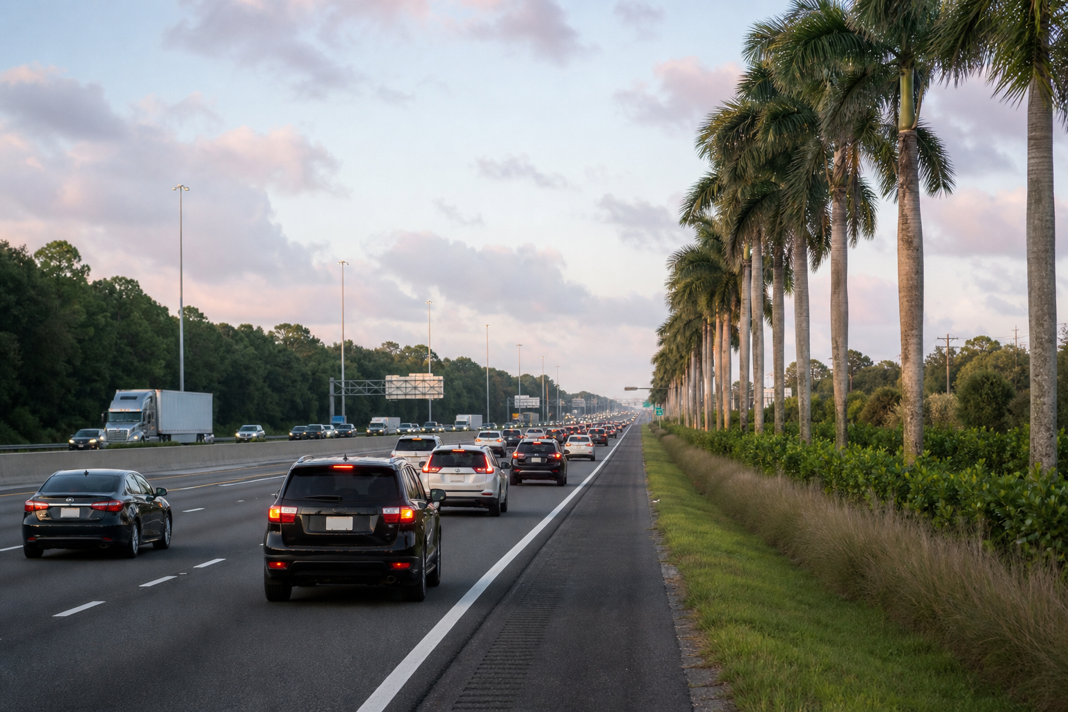 Wide shot of the I-95 corridor near the Jupiter exit during weekday rush hour, taillights visible, with palm trees on the shoulder — grounds the commute discussion in a concrete image. Alt text: "I-95 traffic near Jupiter, Florida during commute