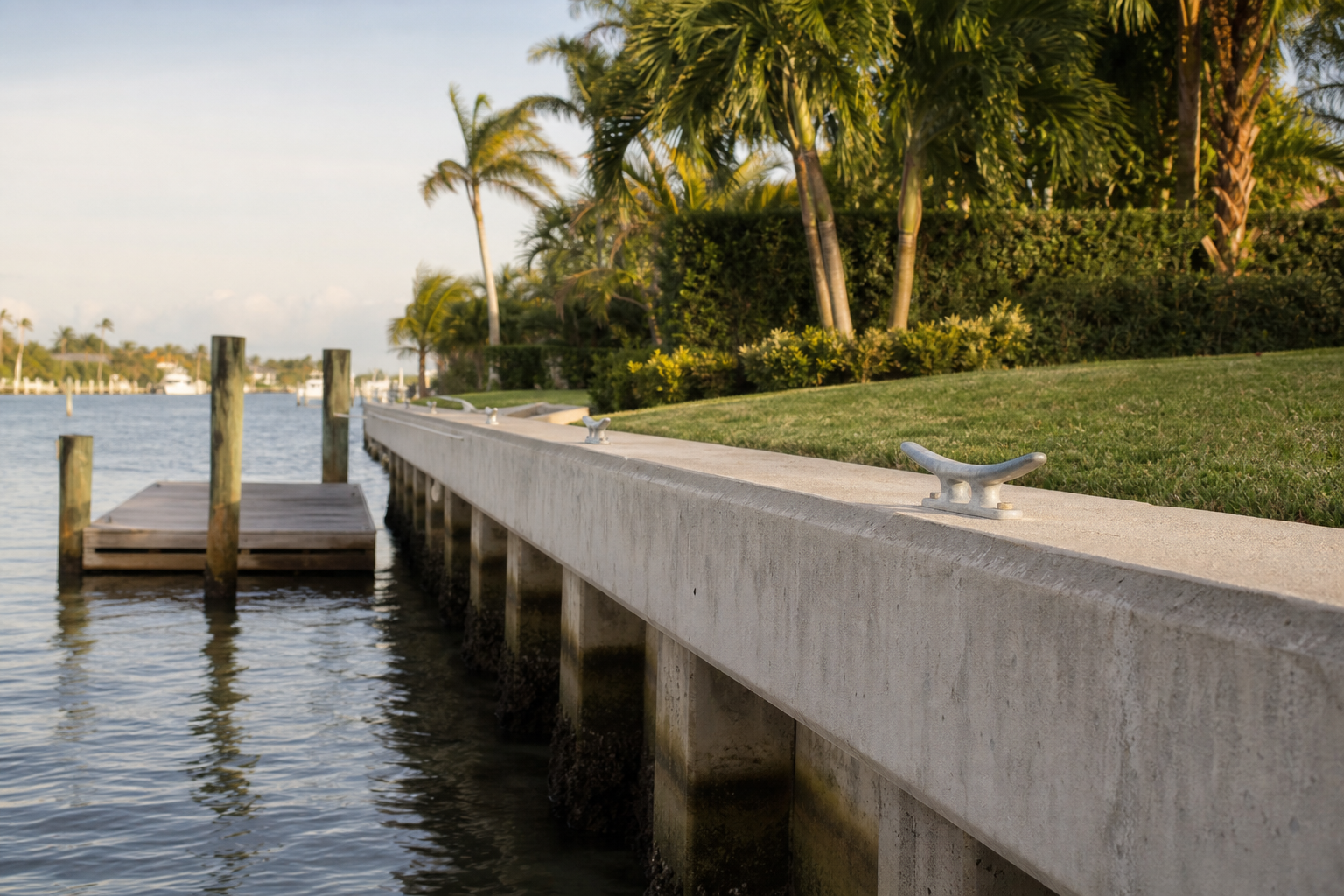 Close-up of a residential seawall along an Intracoastal canal in Jupiter, showing concrete cap and mooring cleats with a small dock in frame and palm trees behind — grounds the seawall discussion. Alt text: "Residential seawall on a Jupiter, Flo