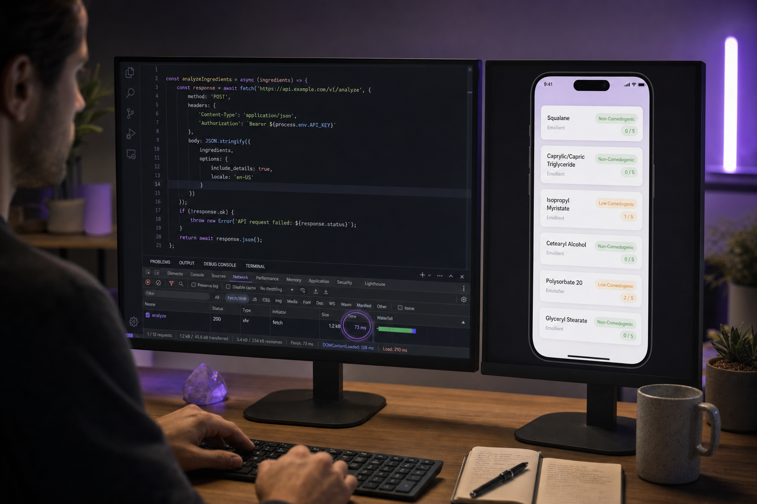 Hero shot — a developer's split monitor setup. Left screen shows a code editor with a JavaScript fetch call to a /v1/analyze endpoint; right screen shows a mobile skincare app rendering ingredient cards with comedogenicity badges. Network tab visible