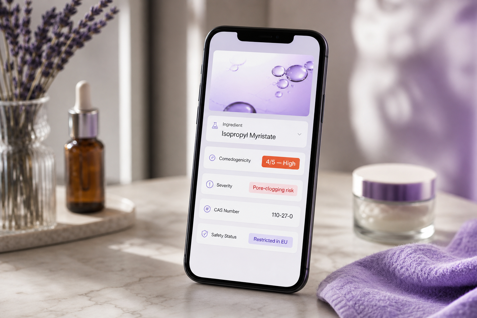 Mobile app screenshot mockup — a skincare scanner showing a parsed ingredient card. Visible elements: ingredient name "Isopropyl Myristate," comedogenicity badge "4/5 — High," severity label "Pore-clogging risk," CAS num