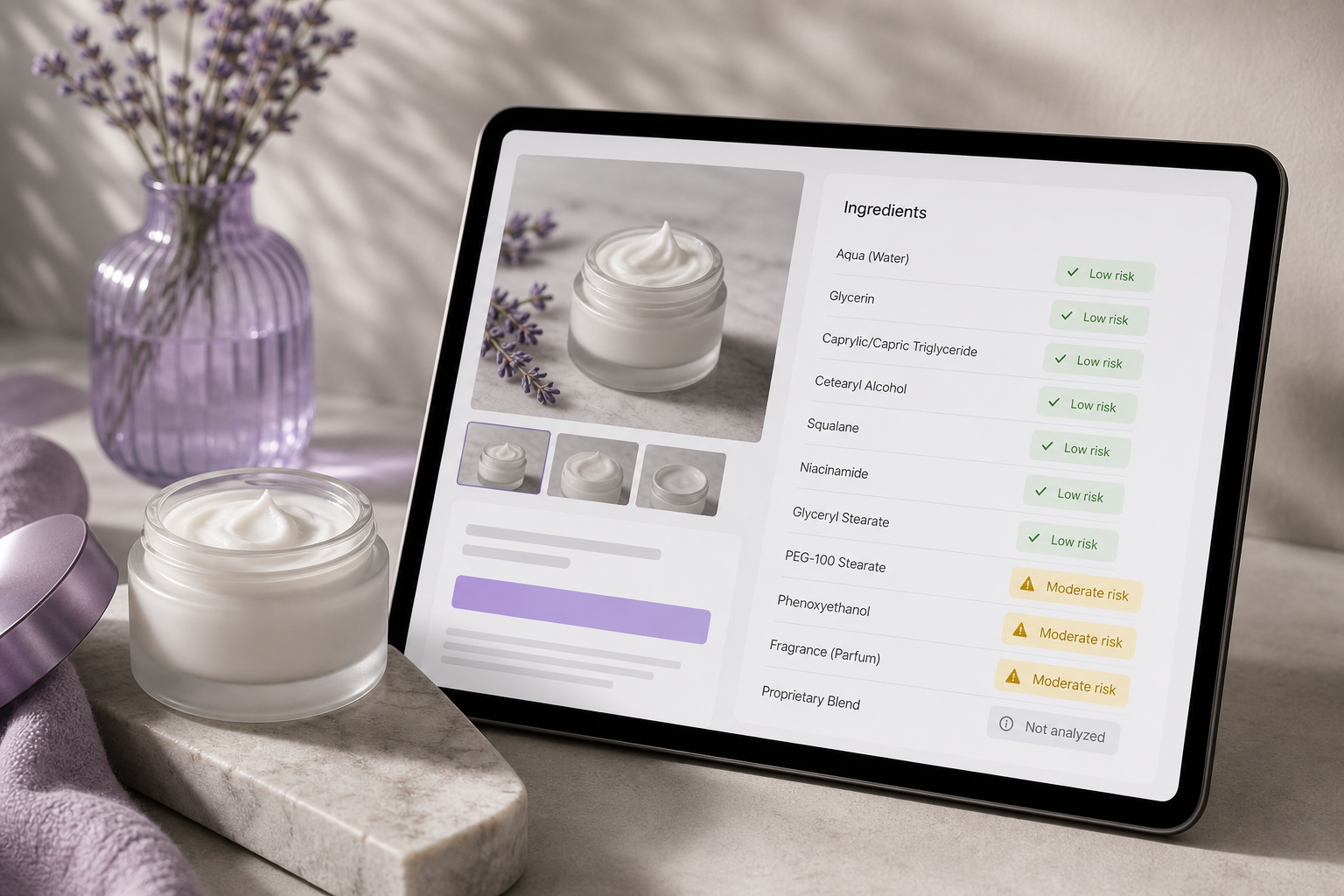 E-commerce product detail page mockup. A moisturizer product page shows the full ingredient list with badges next to each ingredient: green checks, yellow caution flags, and one ingredient with a "Proprietary blend — not analyzed" tag. Capt