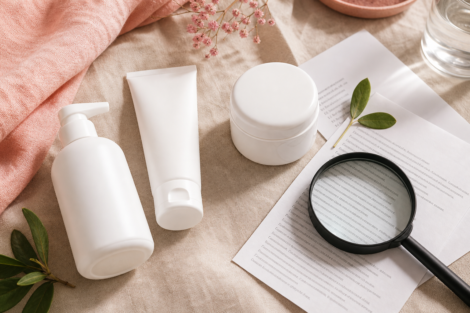 Flat-lay on warm linen background — three unmarked white moisturizer tubes and jars (one pump, one tube, one squat jar), a magnifying glass resting on top of one ingredient label, a small green leaf placed deliberately on a label to imply hidden bota