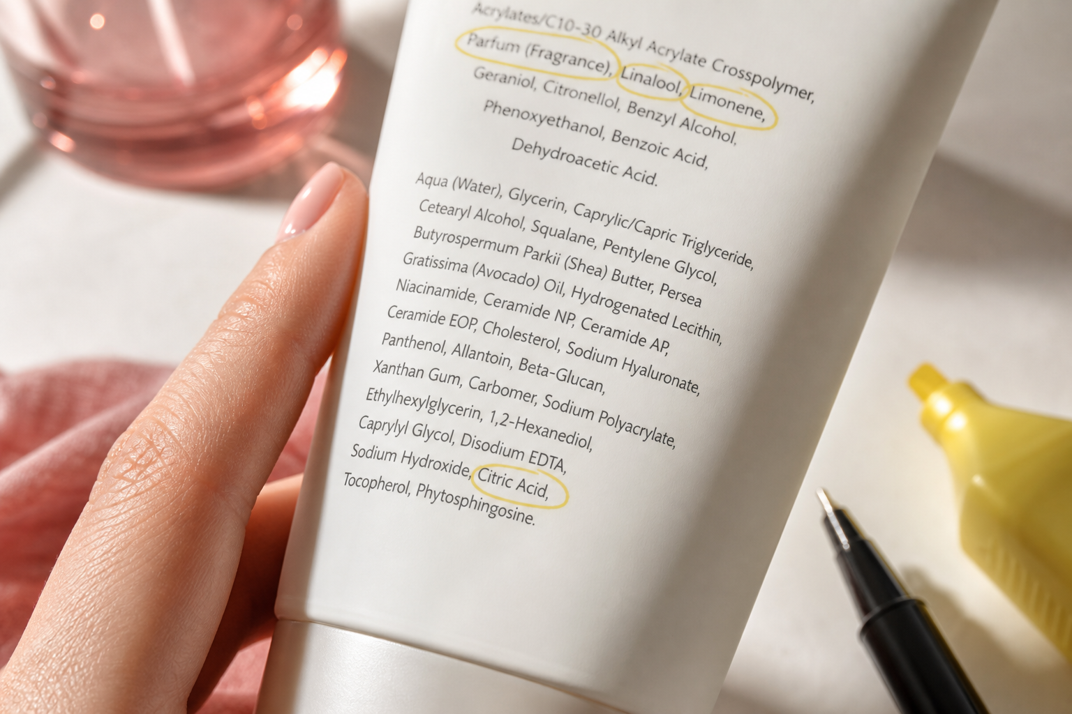Tight close-up of an ingredient label on a moisturizer tube held in a hand, with a yellow highlighter and a fine-tip pen visible. Several ingredients are circled. Shot at a slight angle, shallow depth of field — the goal is "someone is actually