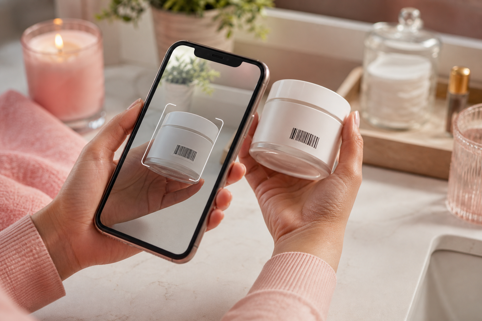 Phone held in hand showing a mock app interface scanning a moisturizer barcode, with the product physically present in frame. Clean kitchen counter or vanity background. Implies "this is what the workflow looks like in real life."