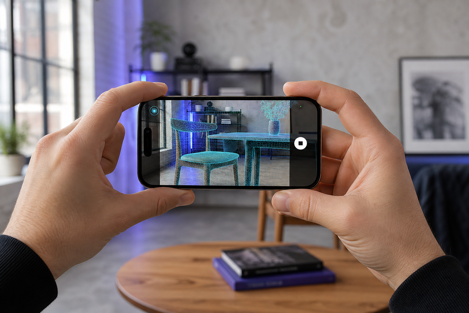 iPhone 15 Pro held in landscape orientation in a bright loft interior, screen showing a live ARKit mesh overlay in cyan wireframe covering a wooden chair and table; small UI corner shows capture timer and 'Mesh' mode selected. Shallow depth of field,