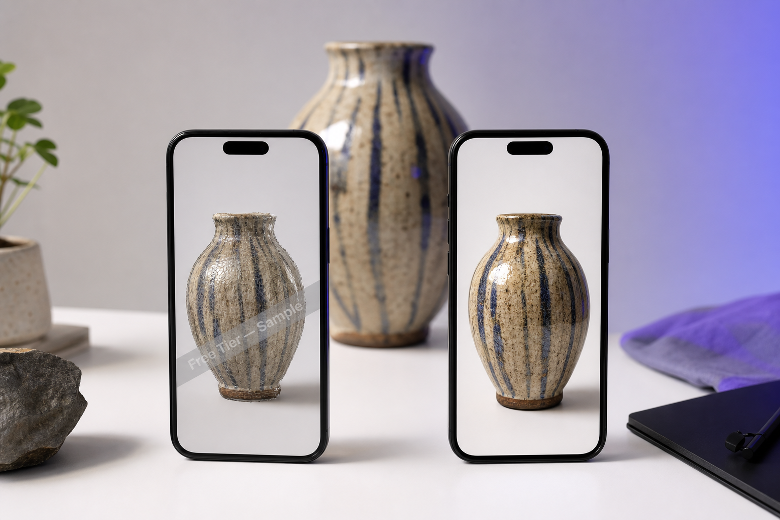 Two iPhone screens side by side on a clean white surface. Left screen shows a ceramic vase 3D model with a translucent diagonal watermark across it labeled in small text 'Free Tier — Sample'. Right screen shows the same vase rendered cleanly with sha