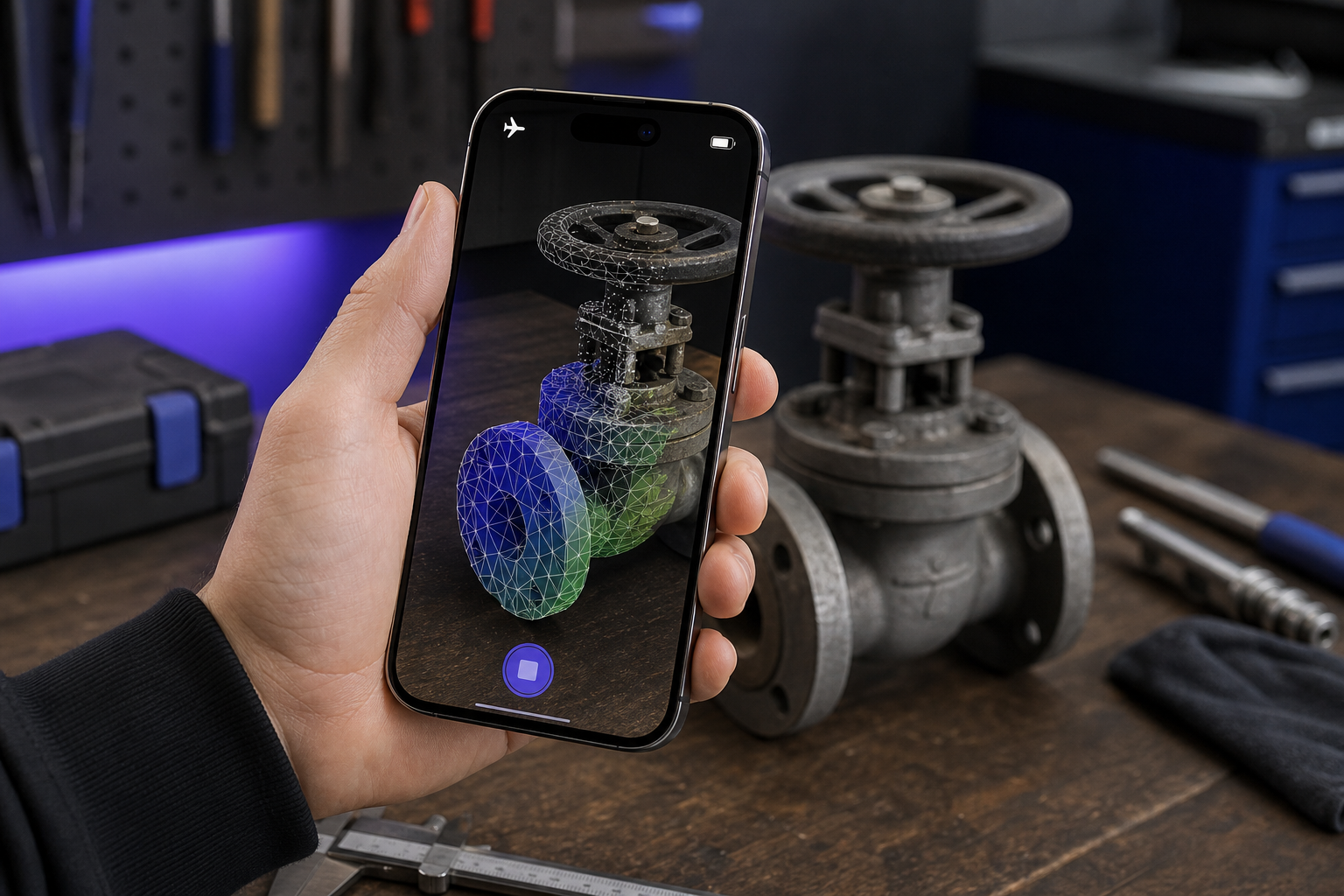 Close-up of iPhone 15 Pro held vertically in a user's hand, capturing a 3D scan of an industrial valve on a workbench. Screen shows real-time mesh growing in colored polygons over the valve; the device is clearly disconnected from WiFi (airplane mode