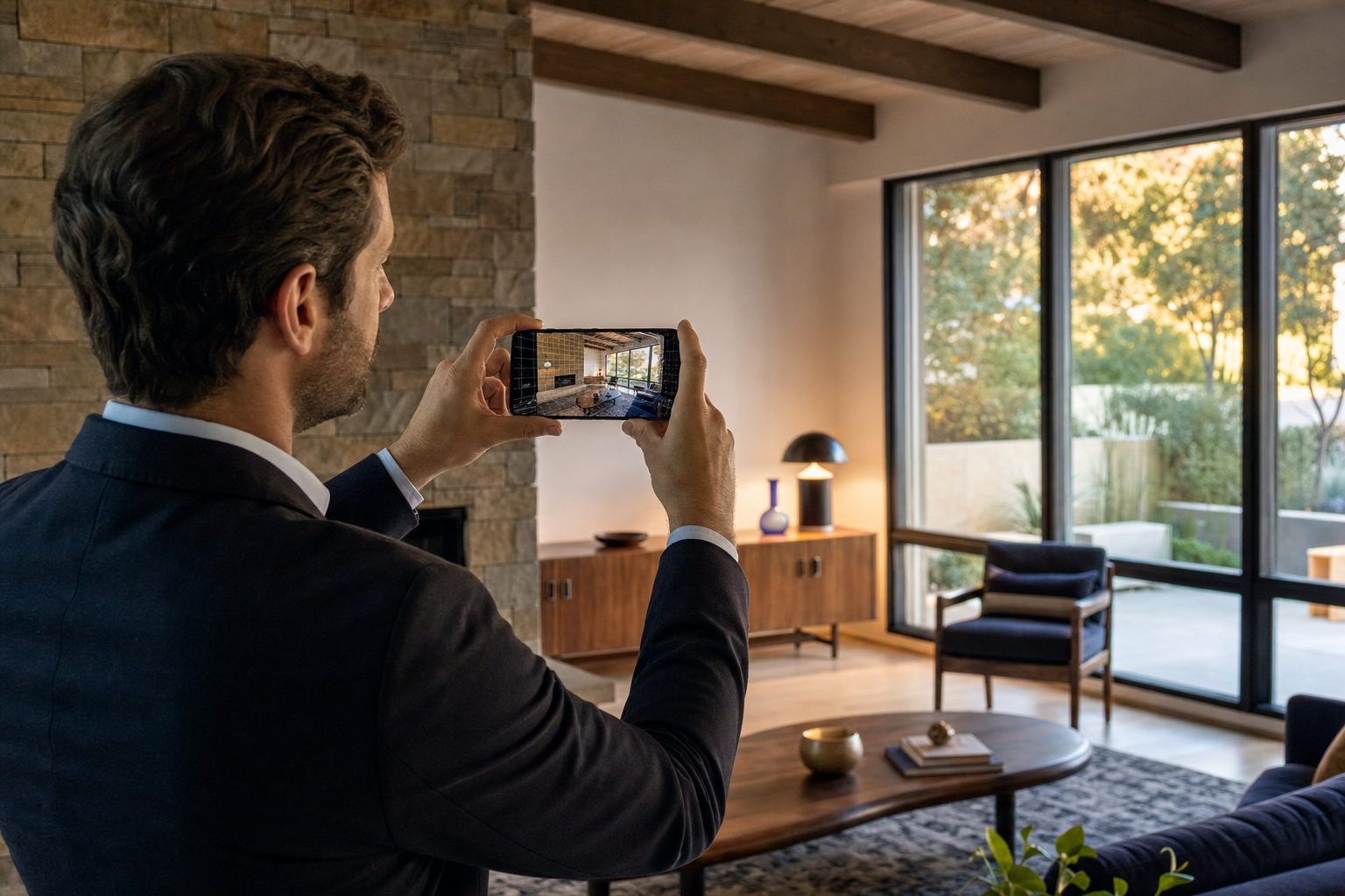 Real estate agent in business-casual attire standing in an empty mid-century living room, holding iPhone at chest height and slowly rotating to capture the space. Phone screen visible showing a 3D mesh of the room building up in real-time with warm-t