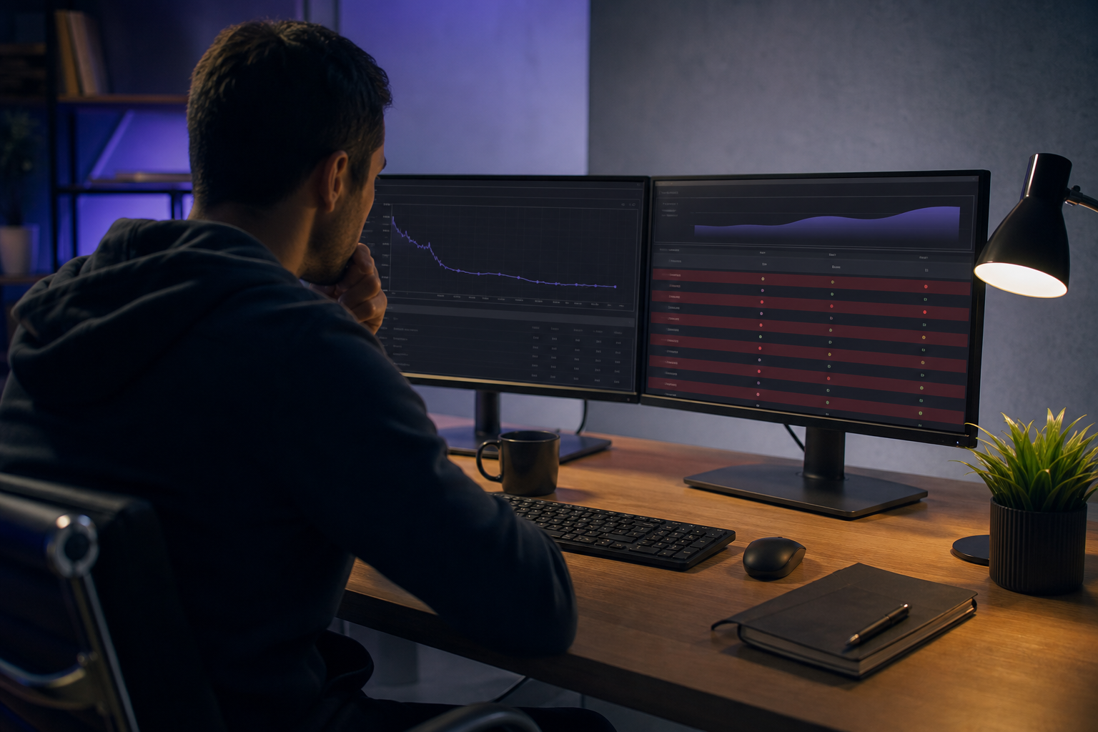 A developer or marketing operations professional at a dual-monitor workstation, one screen showing a flatlined open-rate chart, the other showing a DMARC aggregate report with red error rows. Shot from over the shoulder, slightly desaturated, late-ev