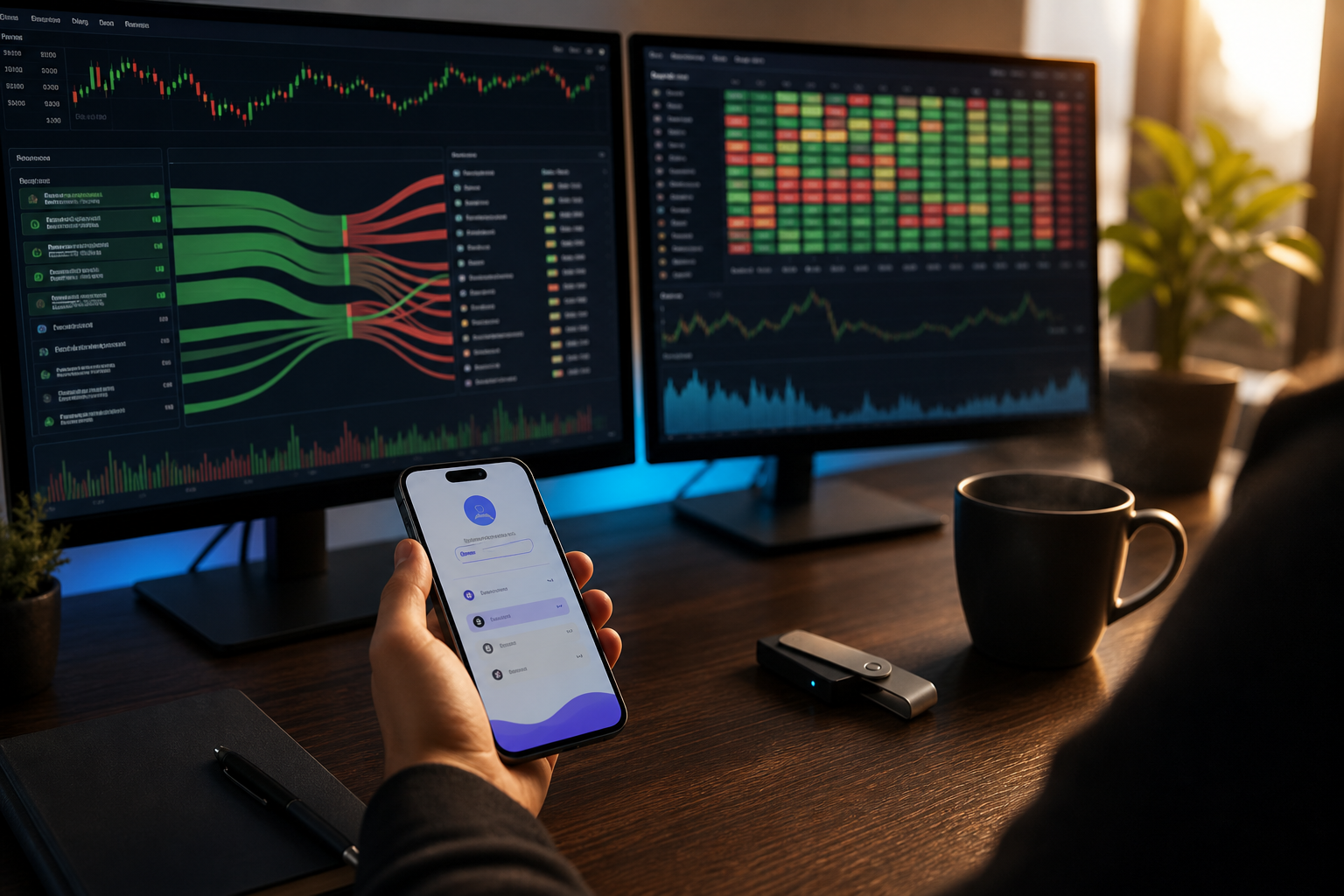 Close-up over-the-shoulder angle of a Web3 creator at a dark walnut desk, dual monitors visible — left screen shows a Glassnode-style on-chain dashboard with whale wallet flow chart in green/red; right screen shows a sentiment heatmap. A hardware wal