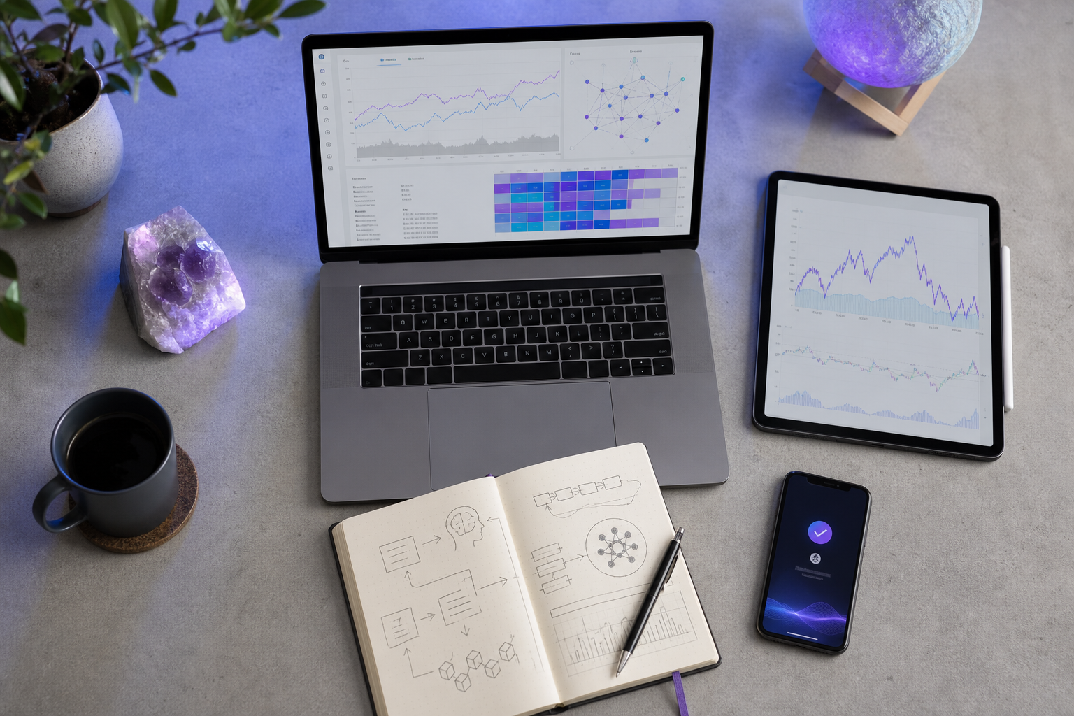 Flat-lay overhead shot of a workspace: laptop showing a generic on-chain analytics dashboard with line charts and a heatmap, a tablet showing a sentiment trend graph, an open notebook with hand-drawn flowcharts, and a smartphone displaying a crypto p