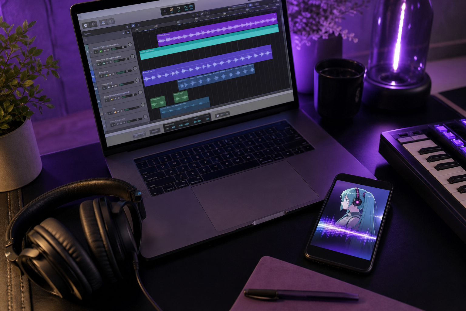 Creator's desk setup — laptop with a DAW timeline open (Logic/Ableton-style), headphones on the desk, smartphone displaying an anime-style waveform, soft purple/teal lighting suggesting Vocaloid aesthetic. Angle: 3/4 overhead.