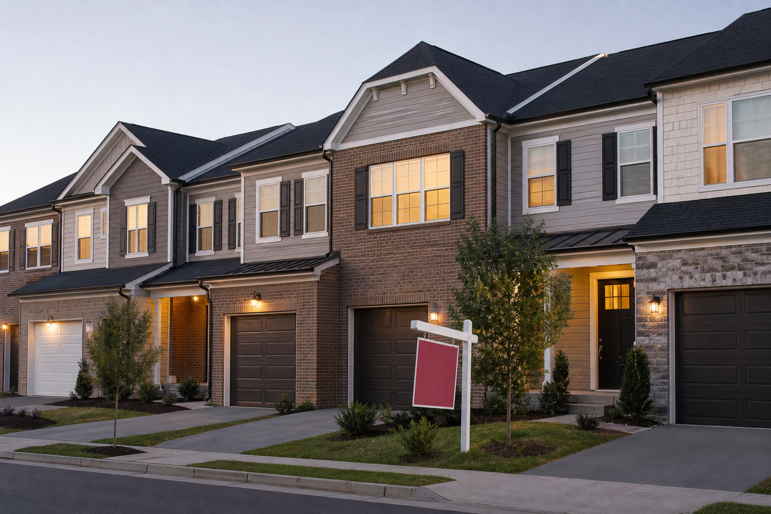 Modern American townhome row at twilight — three to four attached two-story townhomes with mixed exteriors (brick, siding, garage doors), one with a "For Sale" sign in the front yard. Shot from across the street, eye-level, slight angle. Lo