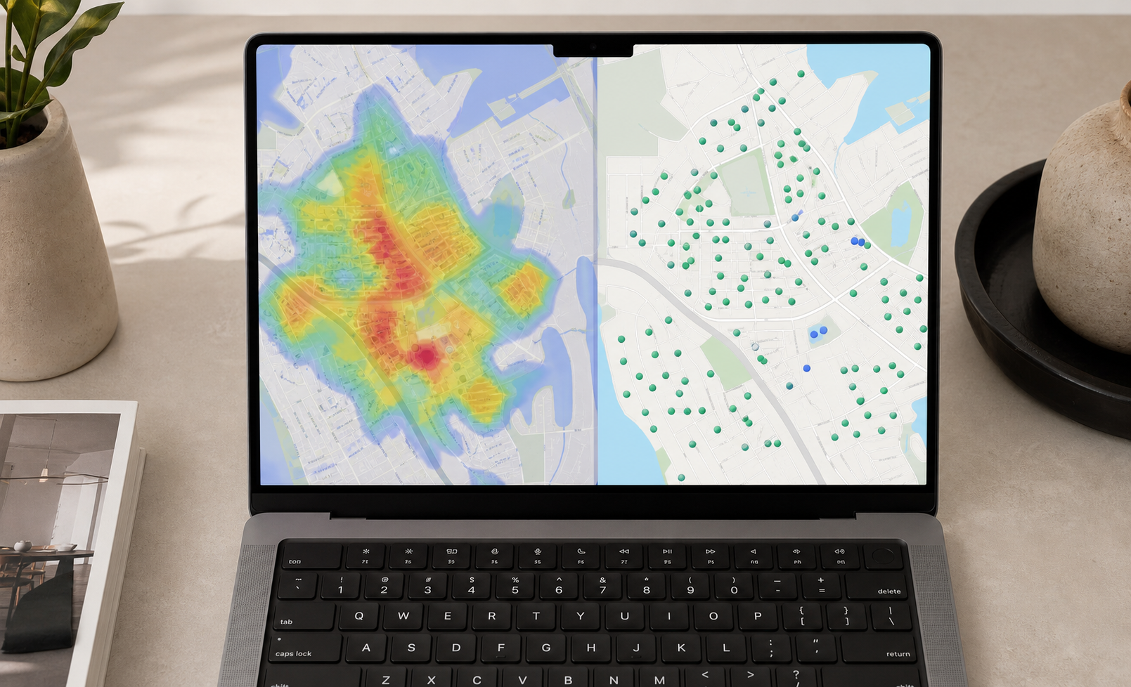 Split-screen / side-by-side composition of a laptop screen showing Google Maps heat-map overlay of a residential neighborhood on the left and a Zillow filtered map view of the same area on the right. Should show how the two reveal different price-clu