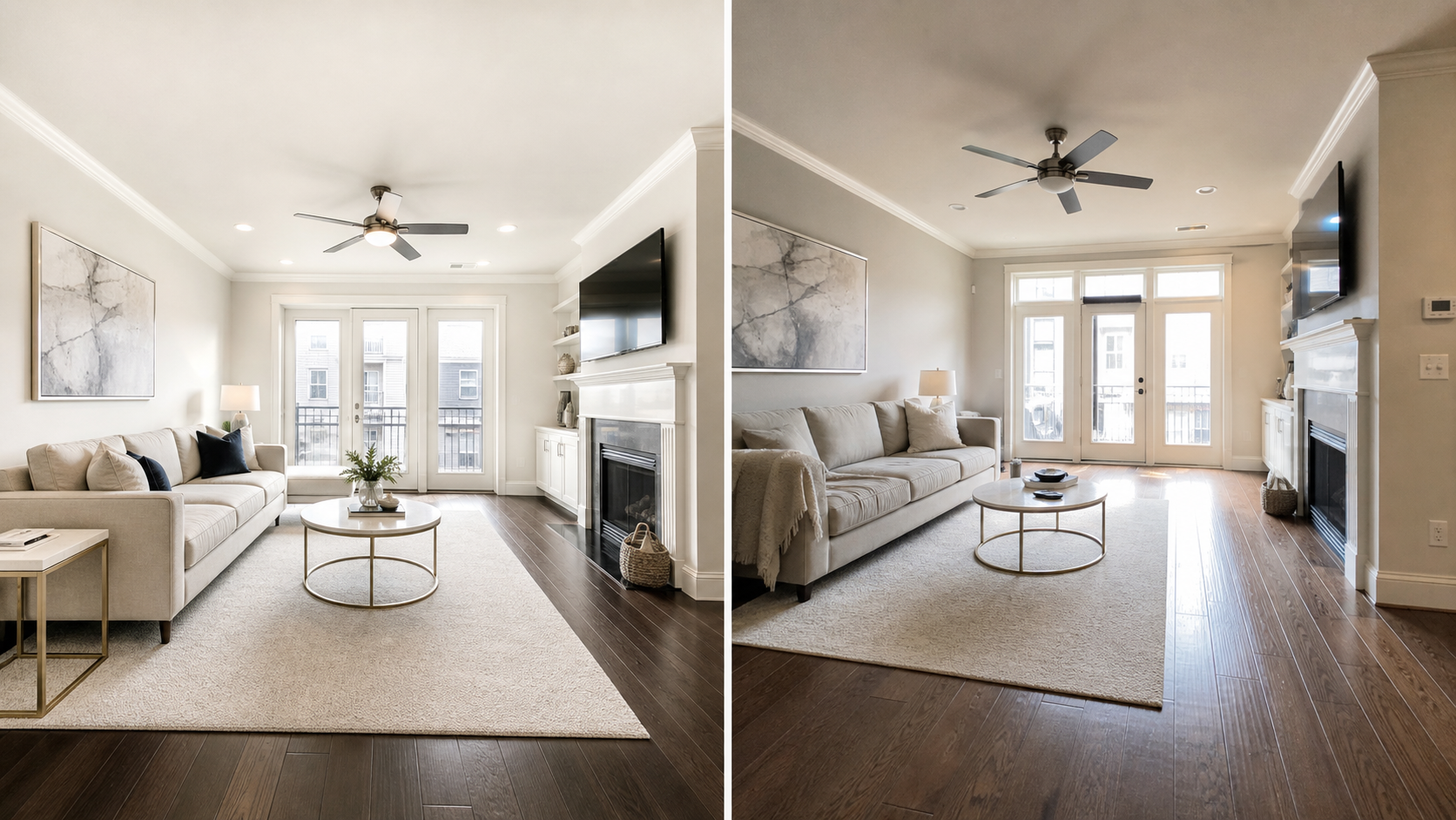 A flat-lay or side-by-side comparison — left panel shows a "listing photo" style image of a townhome living room shot with wide angle, bright staged lighting, minimal furniture; right panel shows the same room from a neutral angle in natura