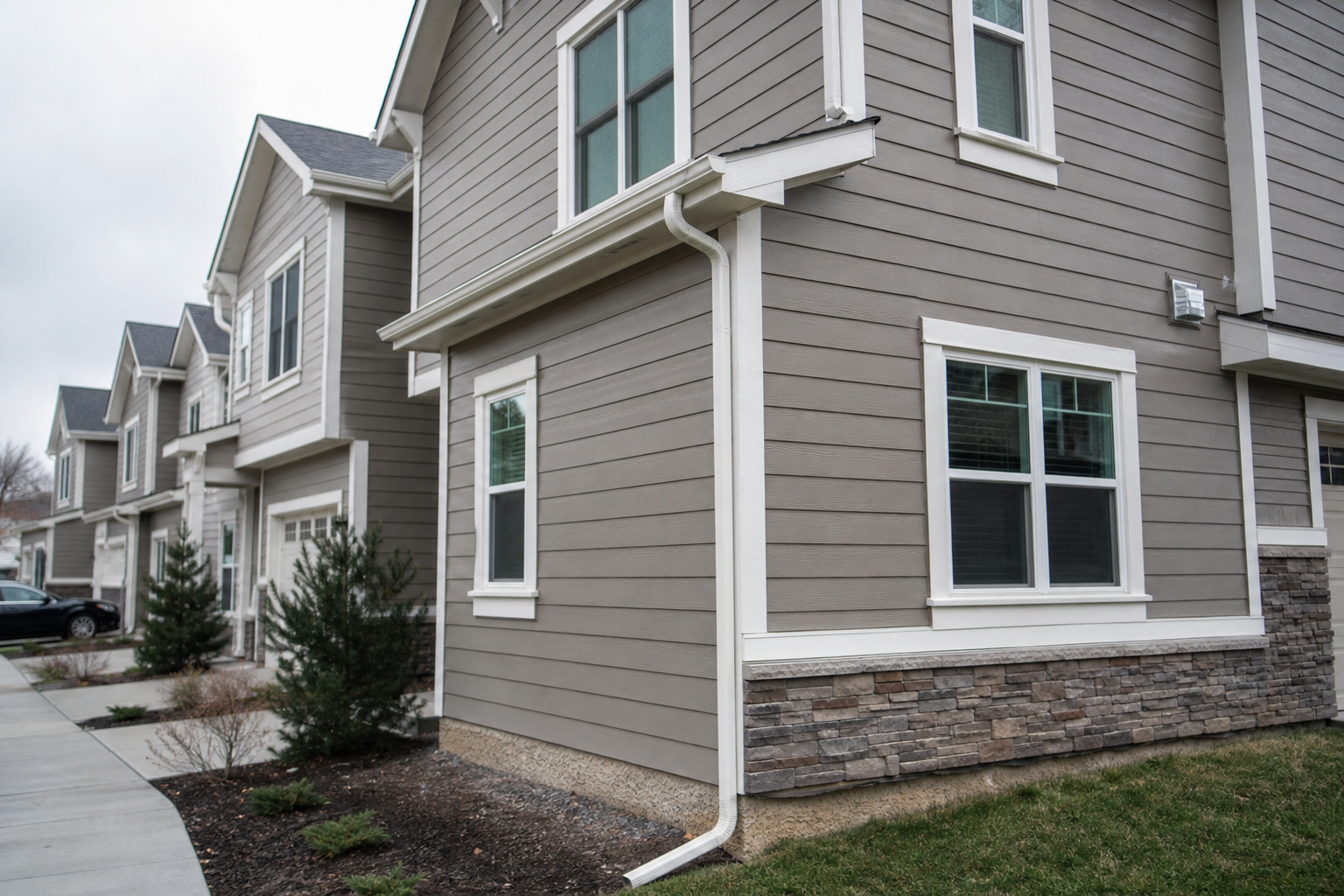 Exterior view of a real townhome with visible inspection points: roof edge, gutter downspout extending from the building, foundation line where siding meets ground, window frames, and the grading line at the base. Clean documentary shot, not staged.