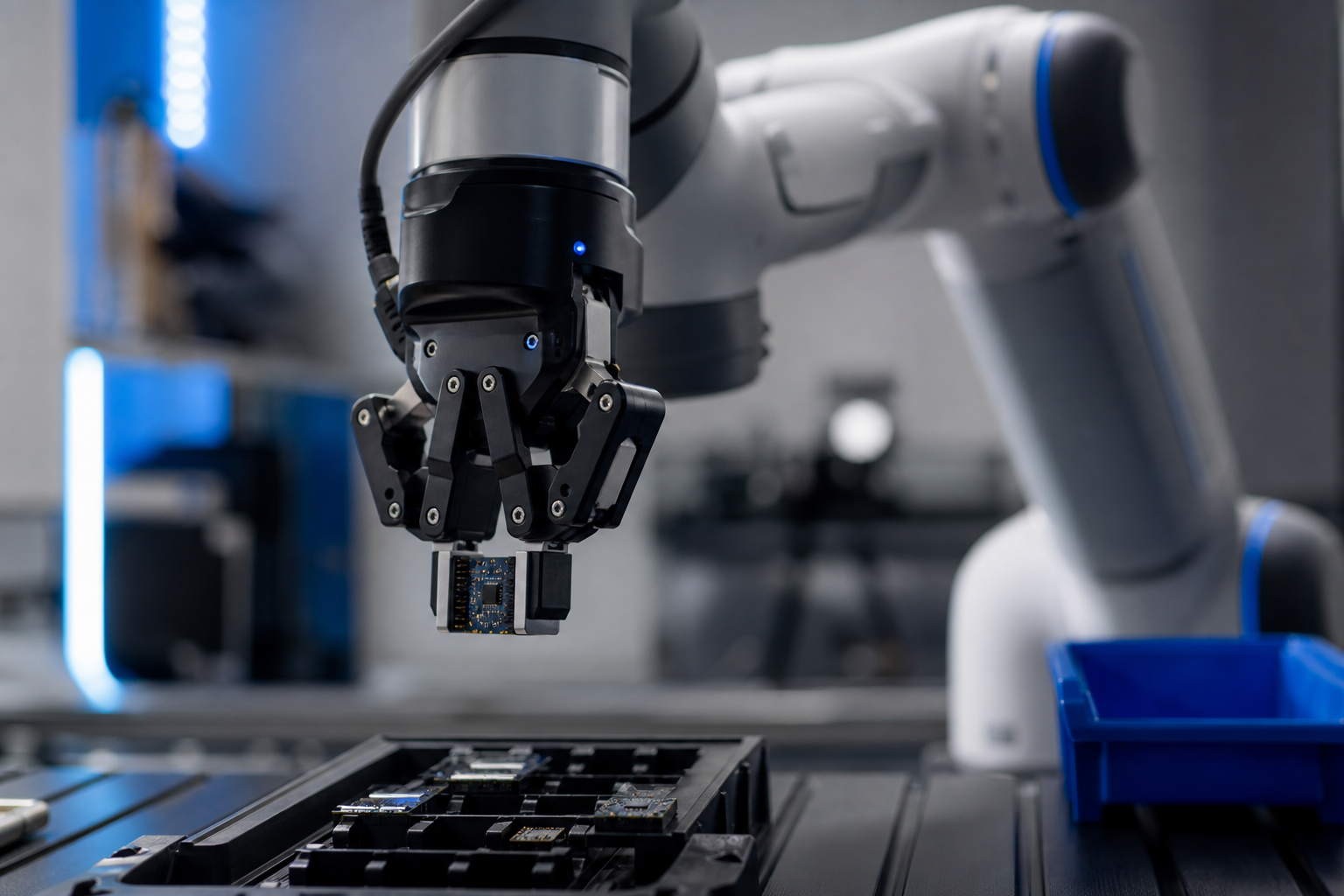 Close-up of a 6-DOF robotic manipulator (Franka or UR-style) gripping a small electronic component mid-task, with shallow depth of field; industrial workspace background, suggesting precision and real-world deployment context.