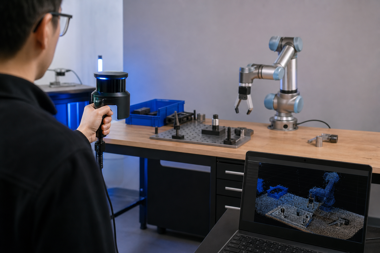 LiDAR scanner (handheld unit) being operated in a robotics lab workspace, capturing point-cloud data of a workbench with manipulator.