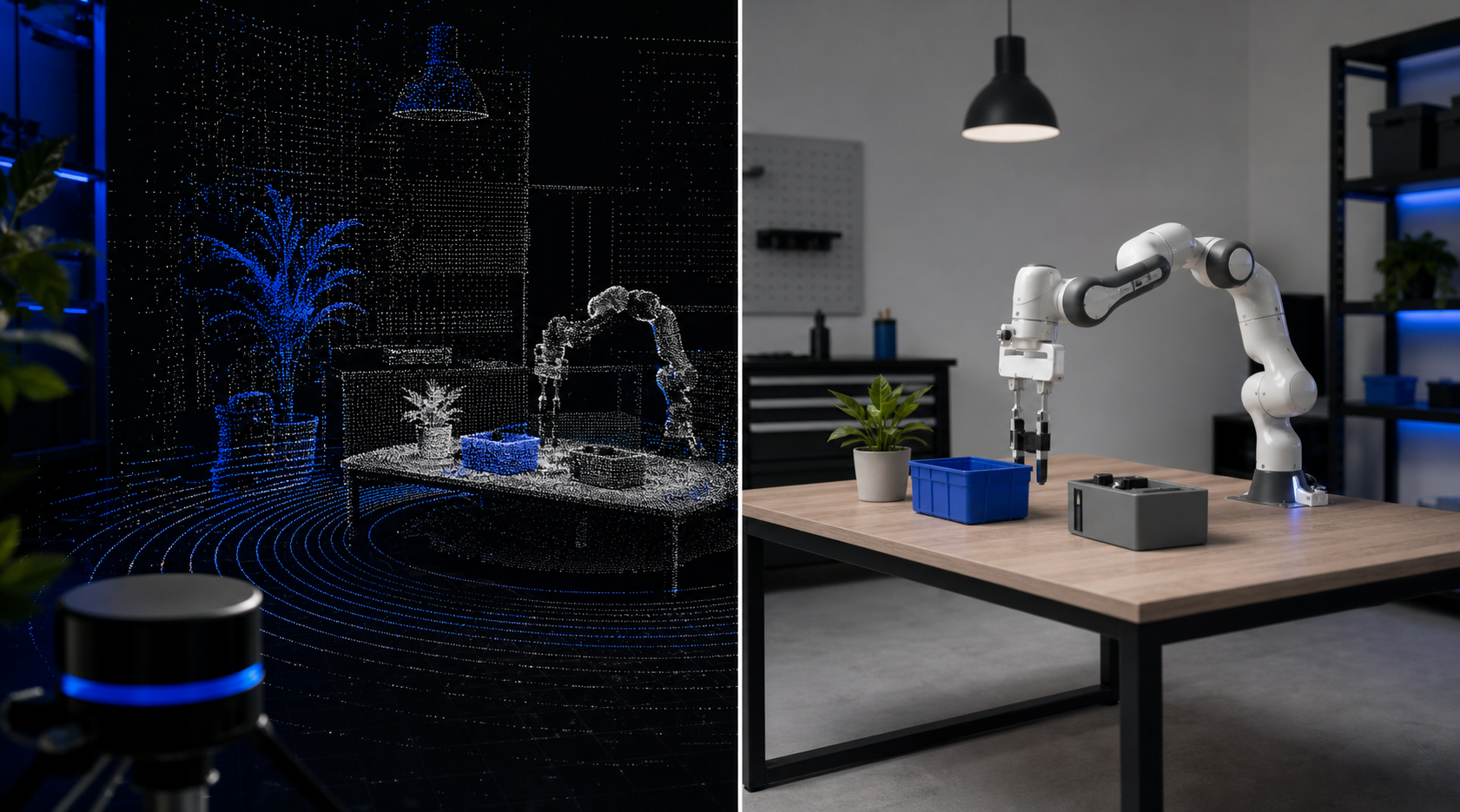 Split-screen visualization — left side: raw LiDAR point cloud; right side: rendered simulation digital twin of the same workspace, with a simulated Franka arm in mid-task.