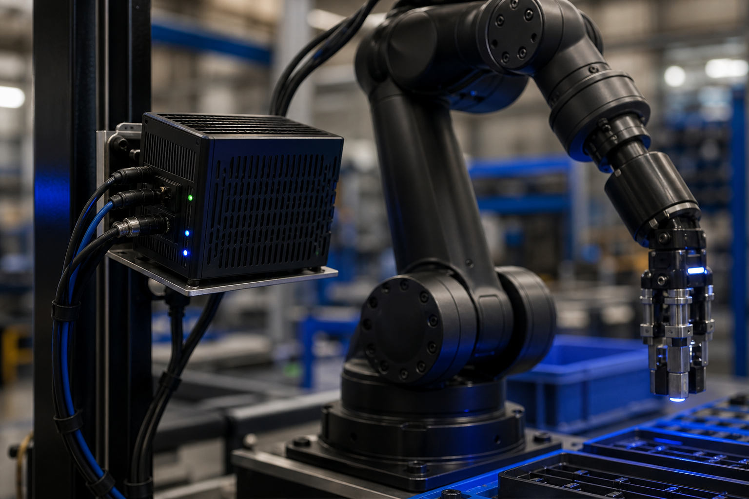 Kinematics Mini edge compute box mounted near a robotic manipulator in an industrial setting (warehouse or assembly cell), cables visible, indicator LEDs lit.