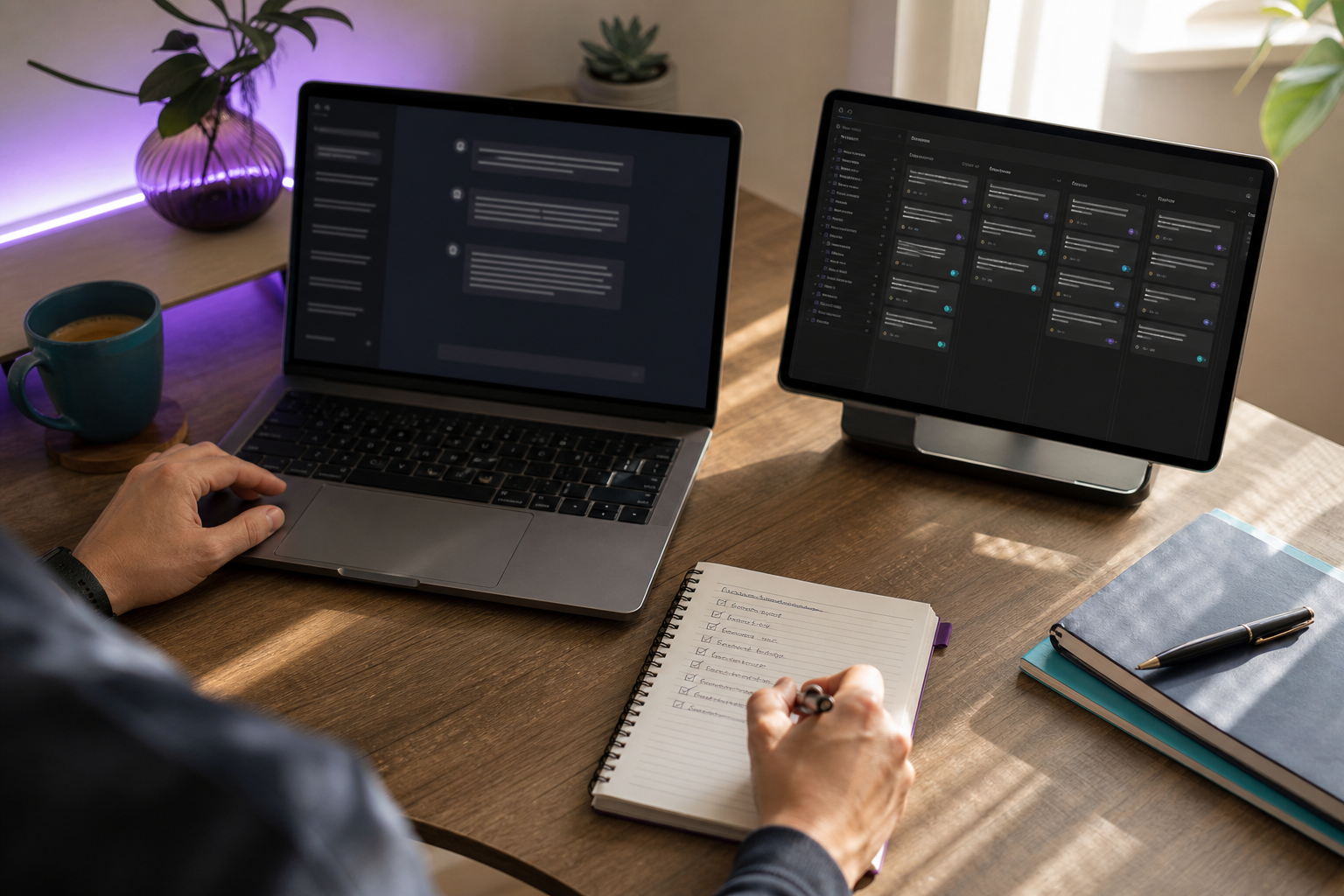 Overhead view of a cluttered desk with a laptop open to a ChatGPT-style chat window on the left half of the screen, and a second monitor or tablet showing a Kanban board / GitHub repo with completed tasks on the right. Coffee, notebook with handwritt