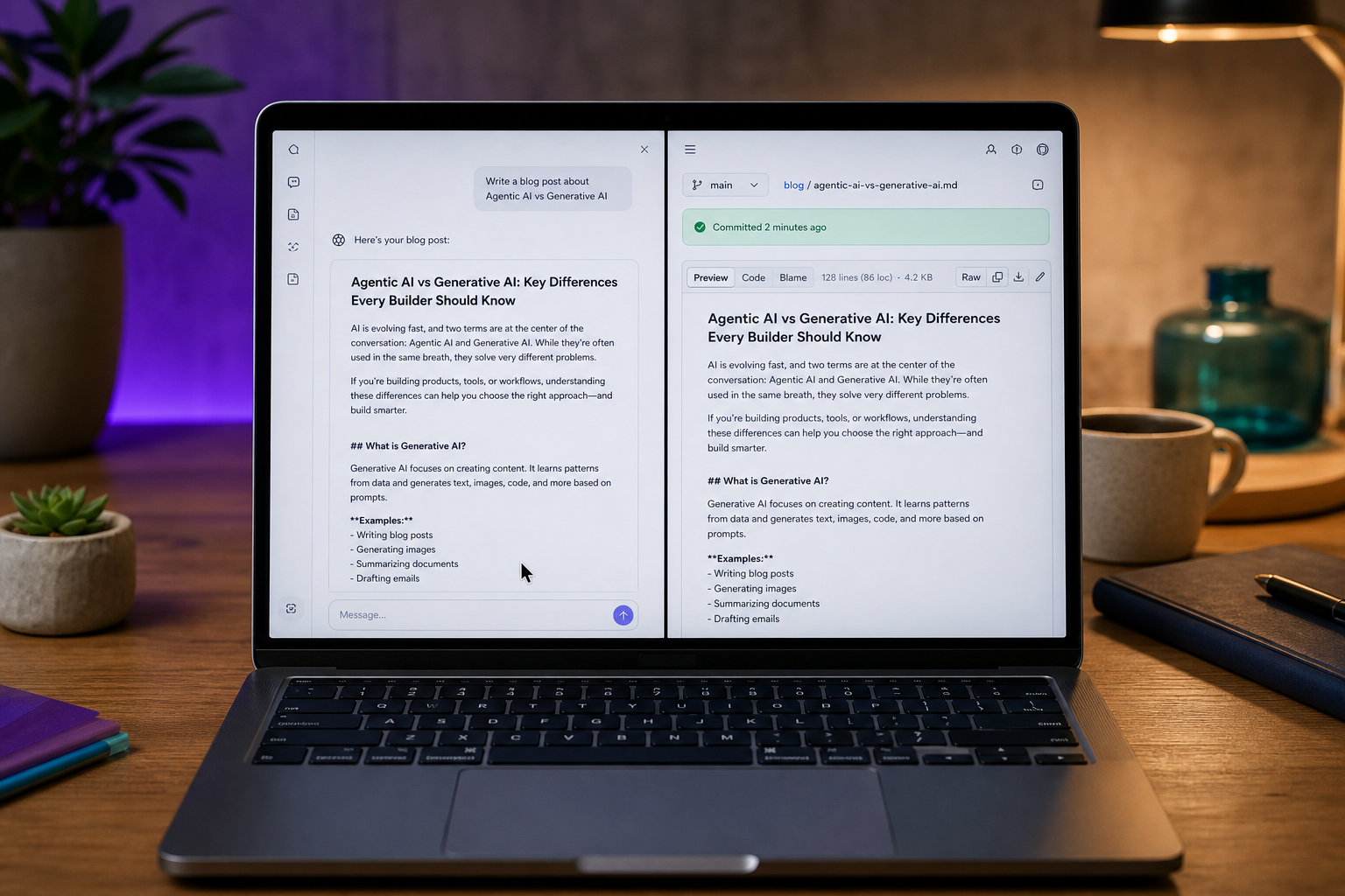 Split-screen laptop shot. Left side: a ChatGPT-style chat window showing a finished markdown blog post in the response area, with a cursor mid-copy-action. Right side: a GitHub repo file view showing the same post already committed as a `.md` file, w